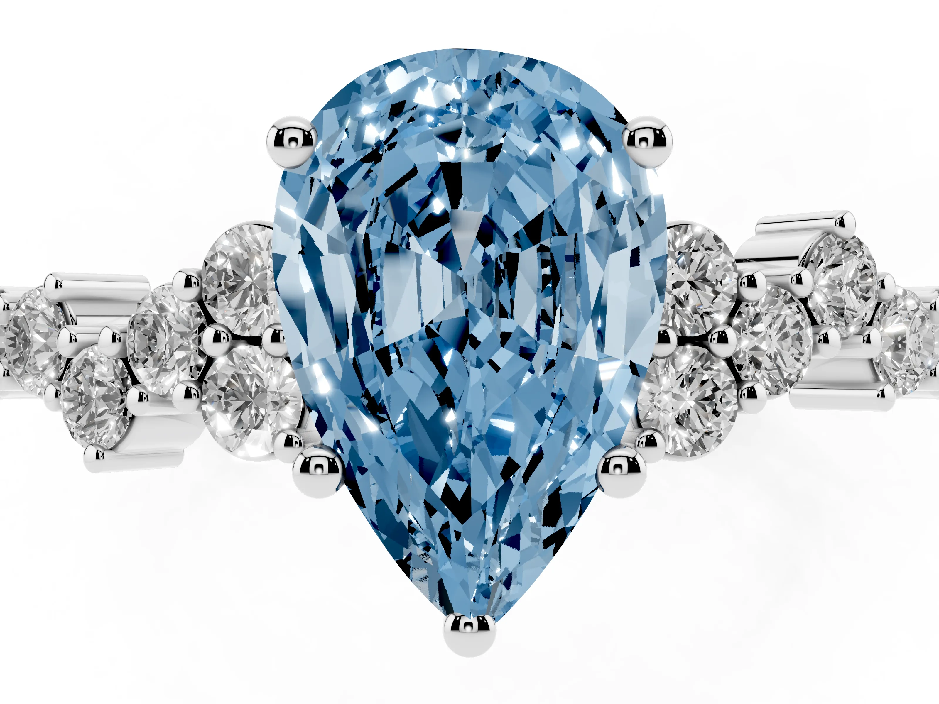 Fancy Blue Pear Cut Diamond Ring Set in Platinum with Scattered Round Accents
