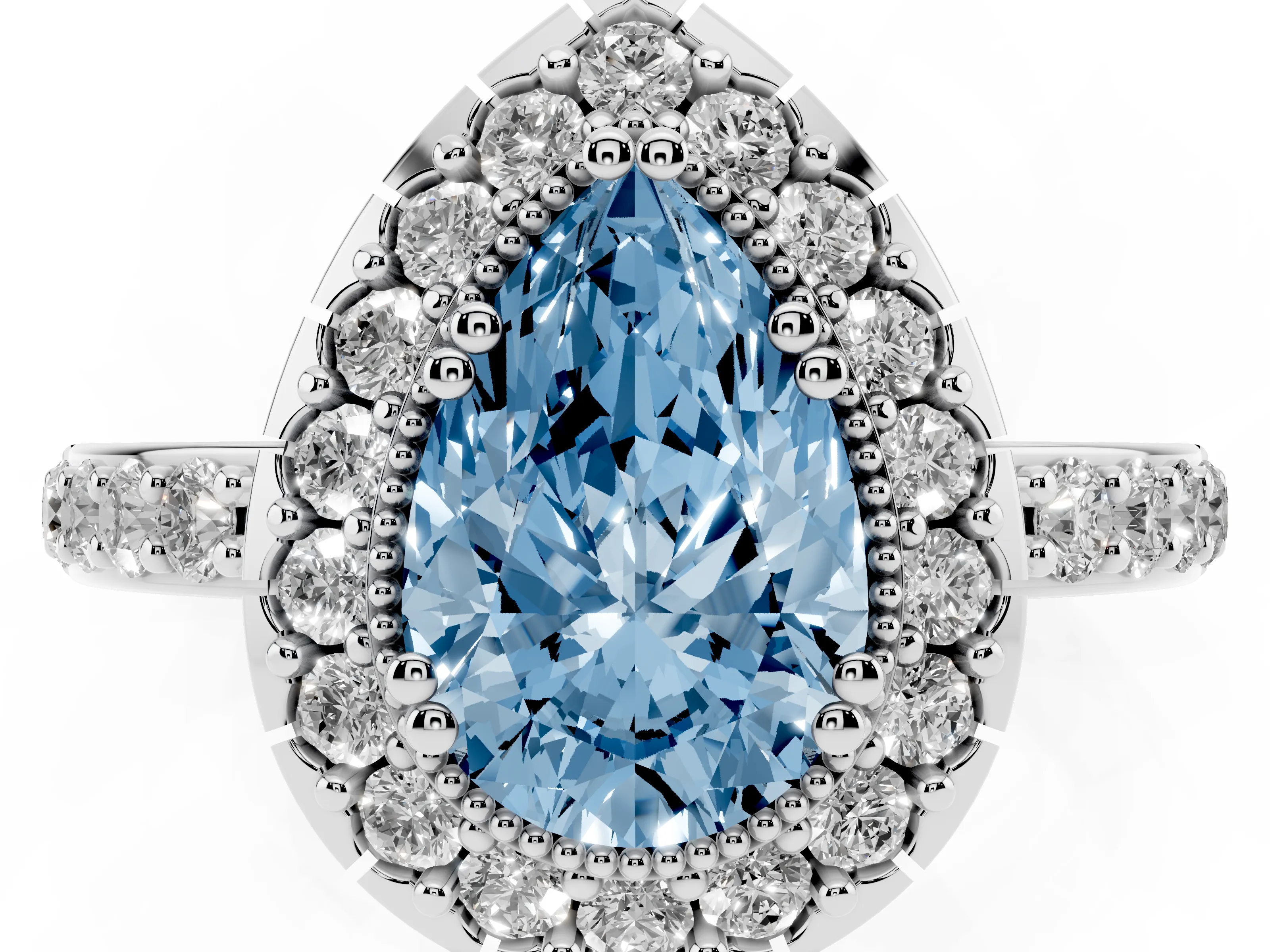 Fancy Blue Pear Cut Diamond Halo Ring Set in White gold with Pavé Shank and Prong Setting
