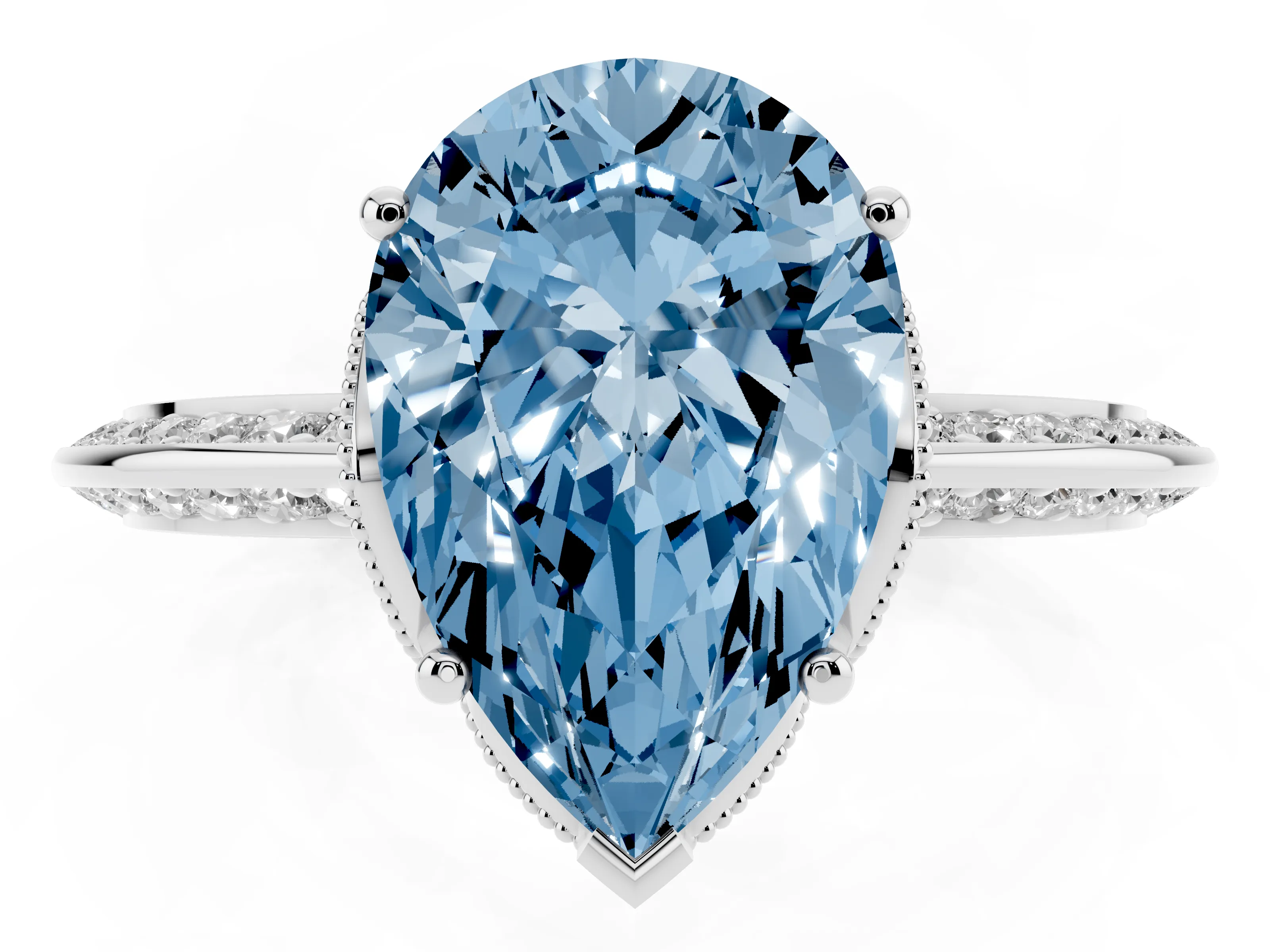 Fancy Blue Pear Cut Diamond Solitaire Engagement Ring Set in Silver with Pavé Split Shank and Prong Setting