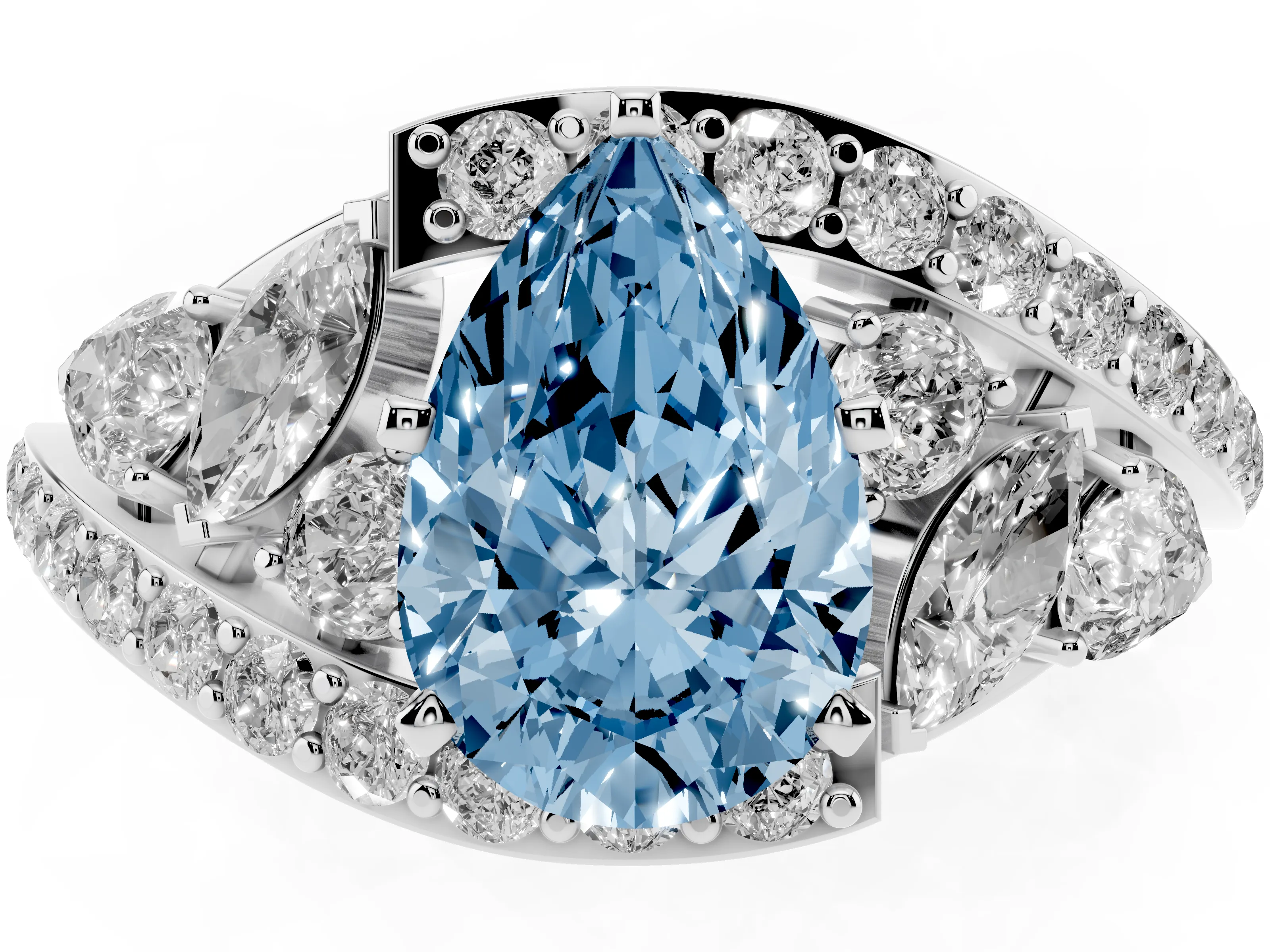 Fancy Blue Pear Cut Diamond Halo Ring Set in Platinum with Marquise and Pavé Band in Prong Setting