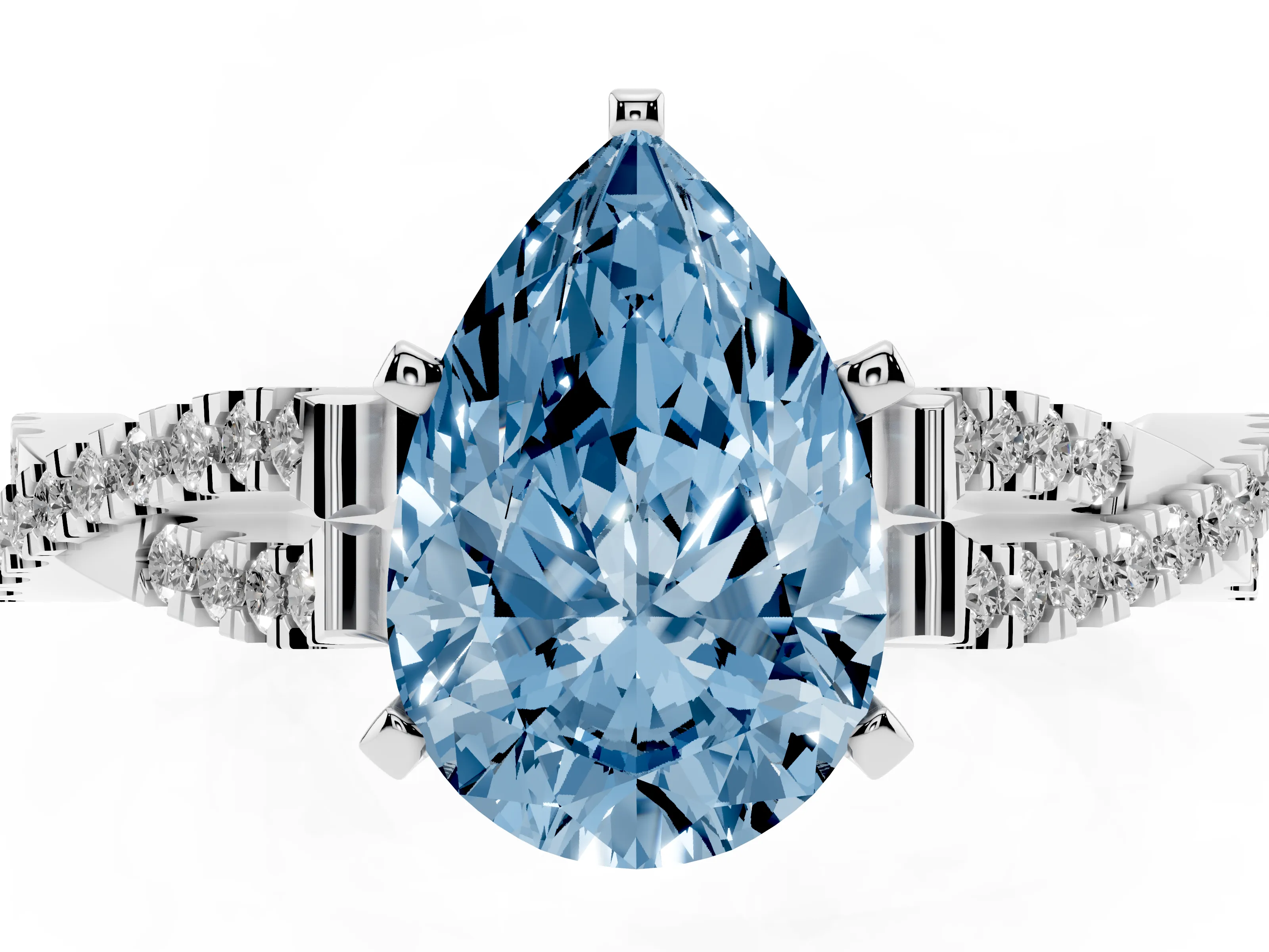 Fancy Blue Pear Cut Diamond Solitaire Engagement Ring Set in White gold with Twisted Pavé Band and Prong Setting