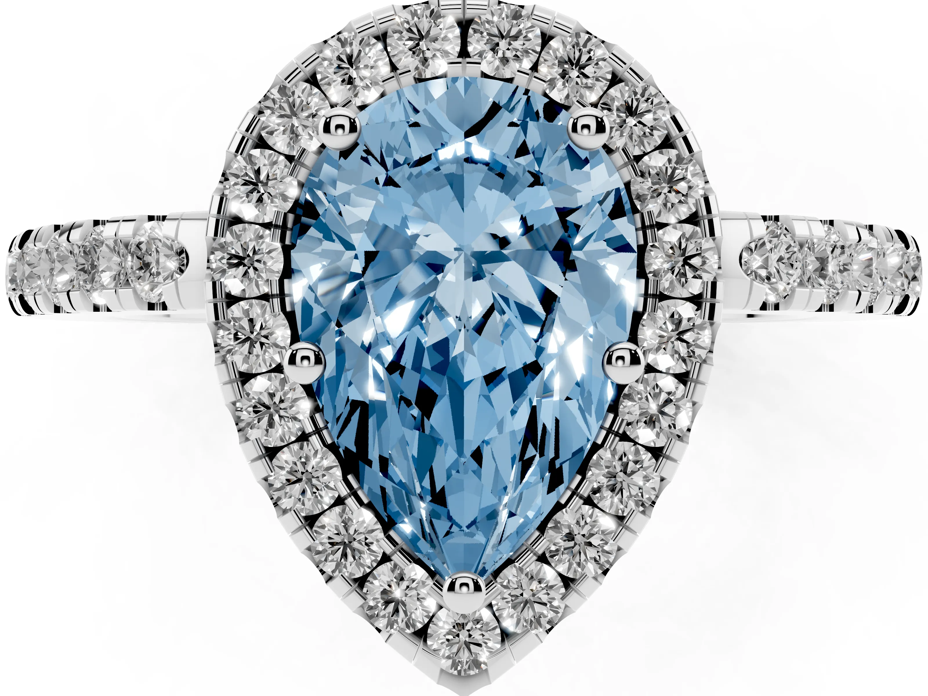 Fancy Blue Pear Cut Diamond Pavé Band Halo Engagement Ring Set in White gold with Prong Setting