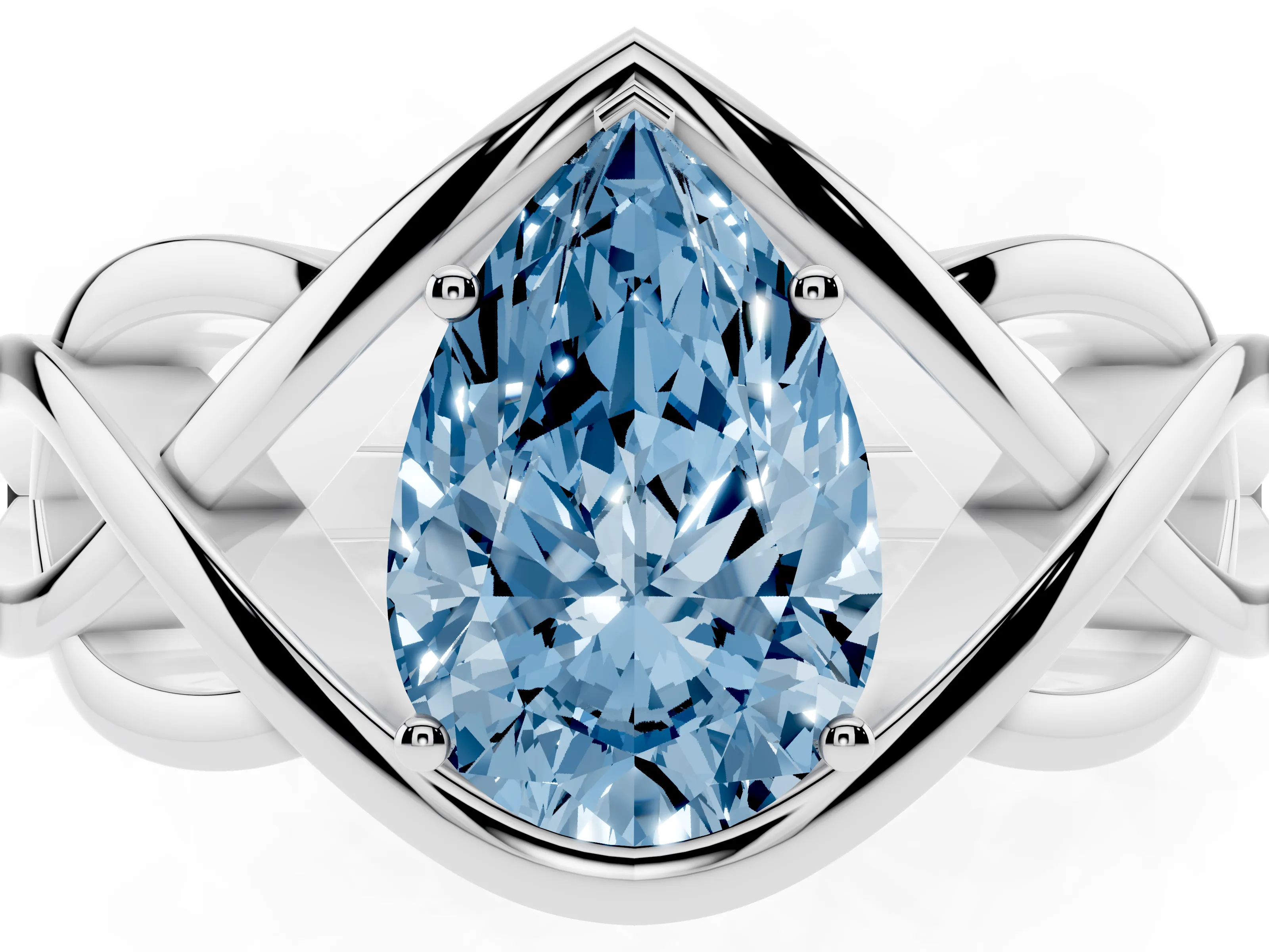 Fancy Blue Pear Cut Diamond Solitaire Ring Set in Platinum with Intertwined Band