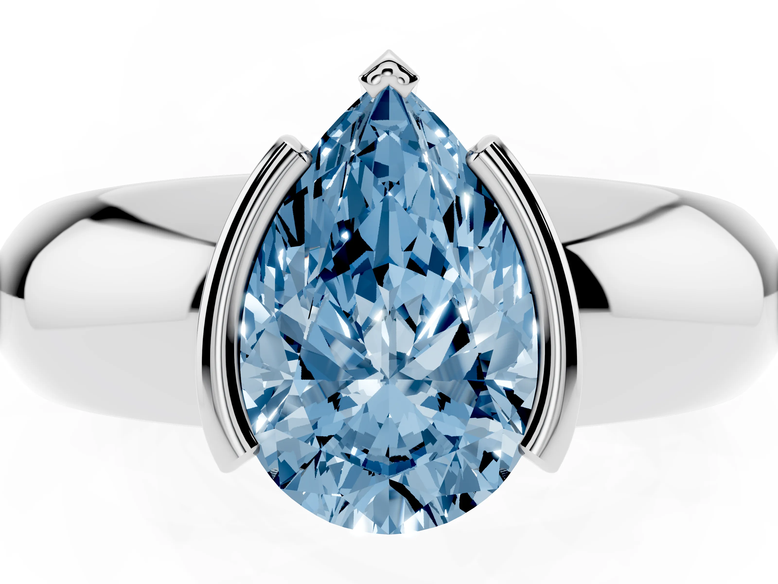 Fancy Blue Pear Cut Diamond Solitaire Tension Set Ring Set in White gold with Wide Band