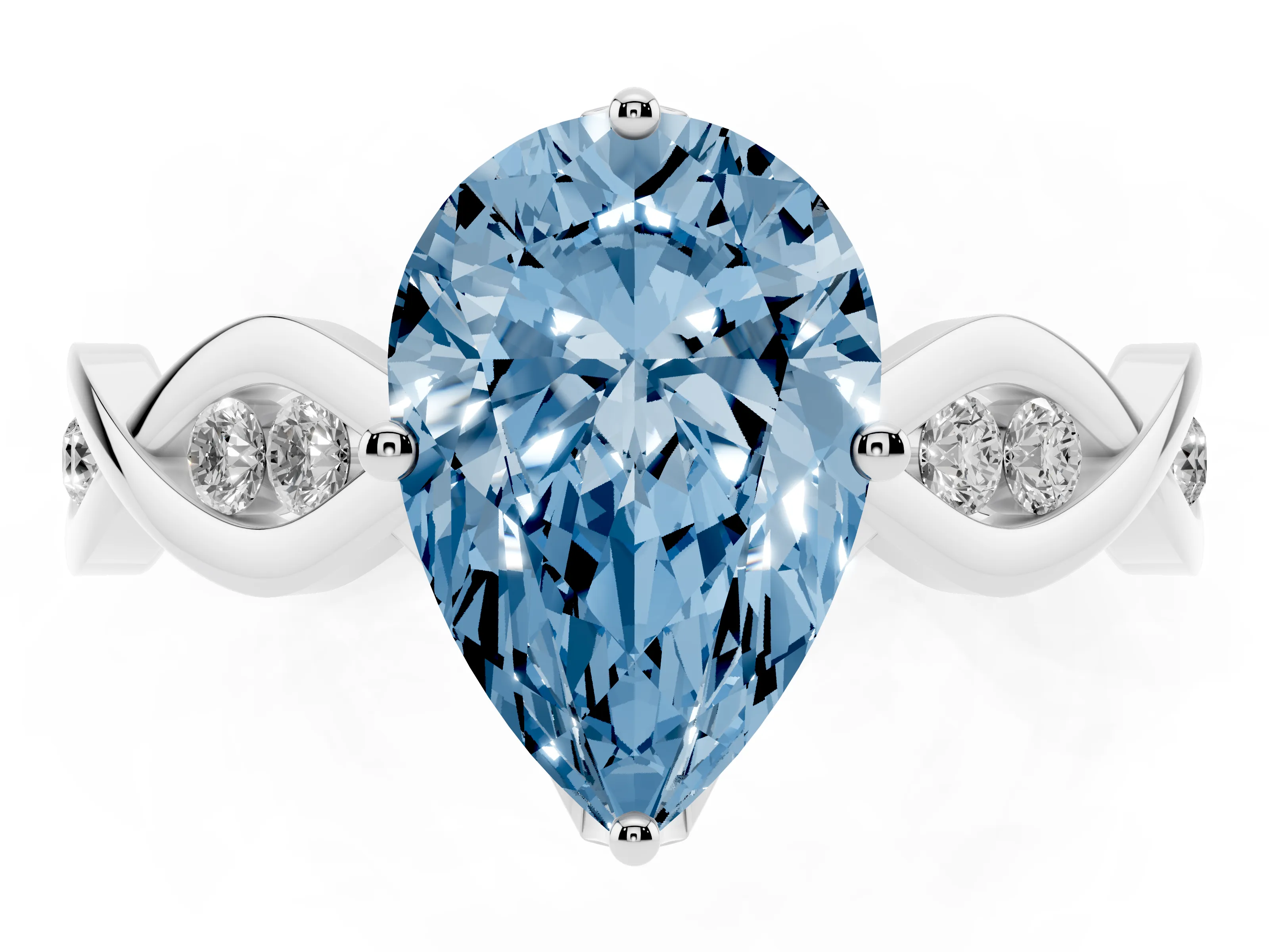 Fancy Blue Pear Cut Diamond Twist Band Solitaire Ring Set in Silver with Leaf Prong Setting and Accent Stones