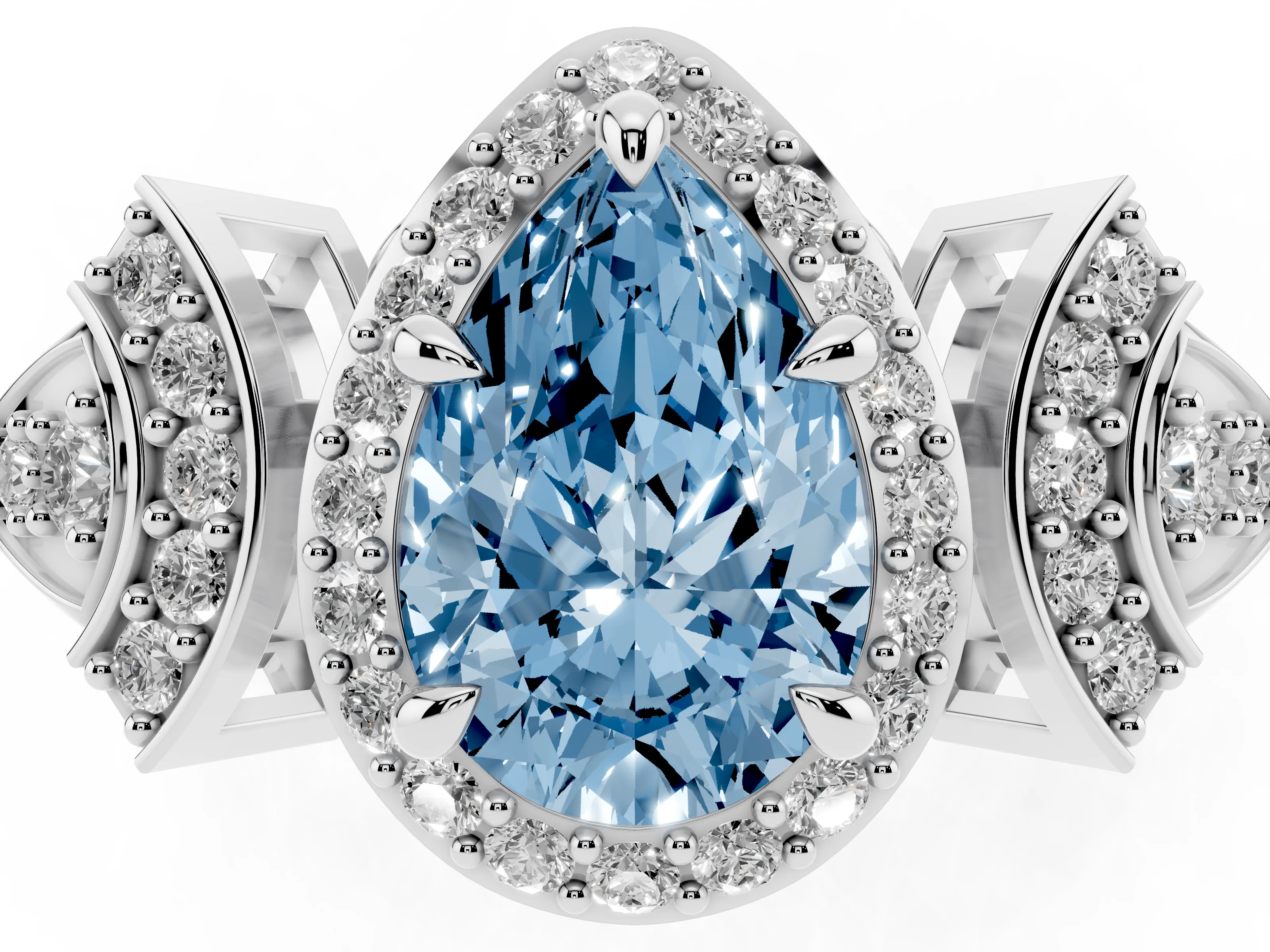 Fancy Blue Pear Cut Diamond Halo Engagement Ring Set in Platinum with Accent Stone Split Shank