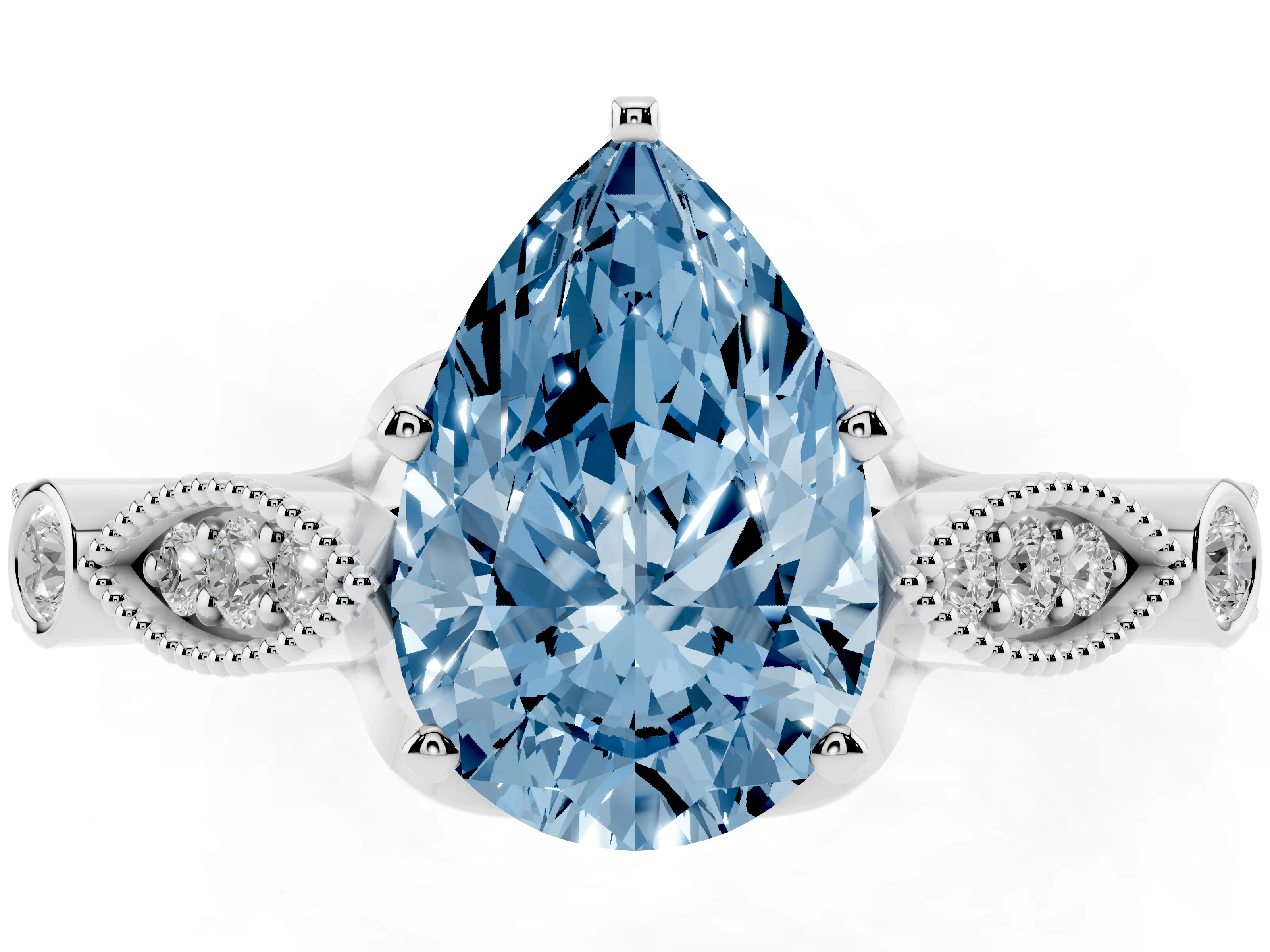 Fancy Blue Pear Cut Diamond Solitaire Ring Set in White gold with Milgrain Marquise and Bezel Accents