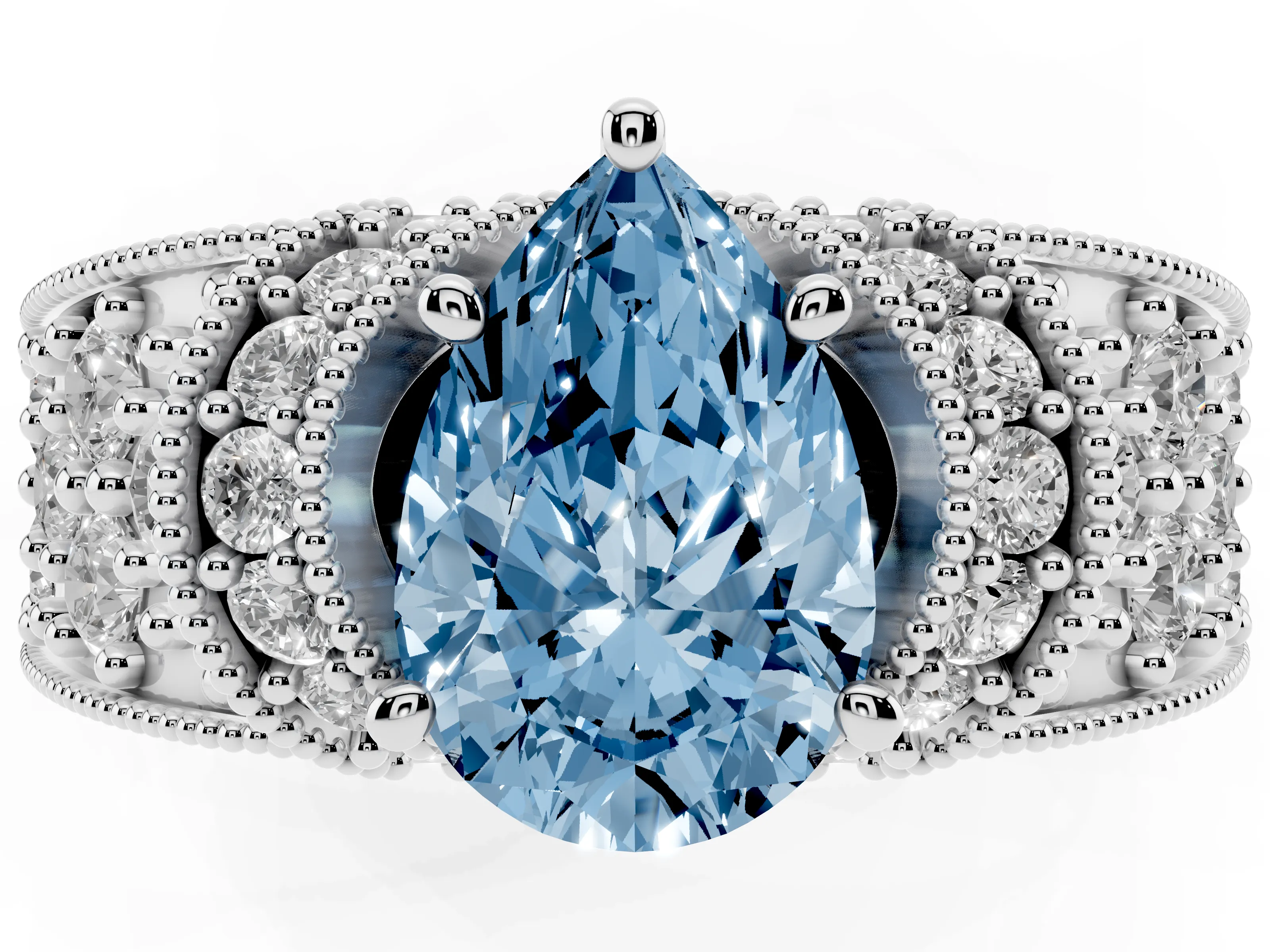 Fancy Blue Pear Cut Diamond Milgrain Halo Pavé Engagement Ring Set in White gold with Prong Setting