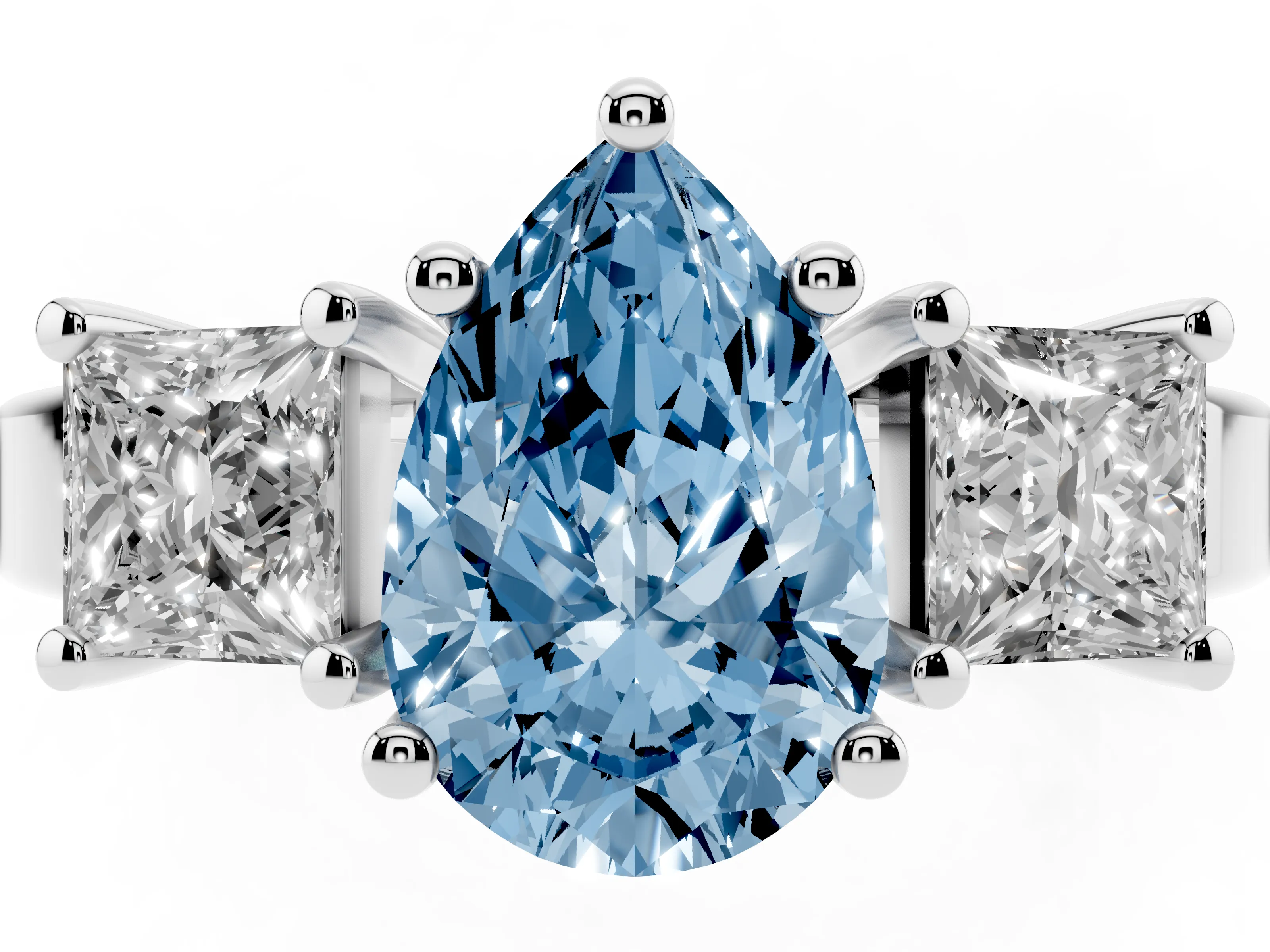 Fancy Blue Three-Stone Pear Cut Diamond Solitaire Ring Set in Platinum with Prong Setting