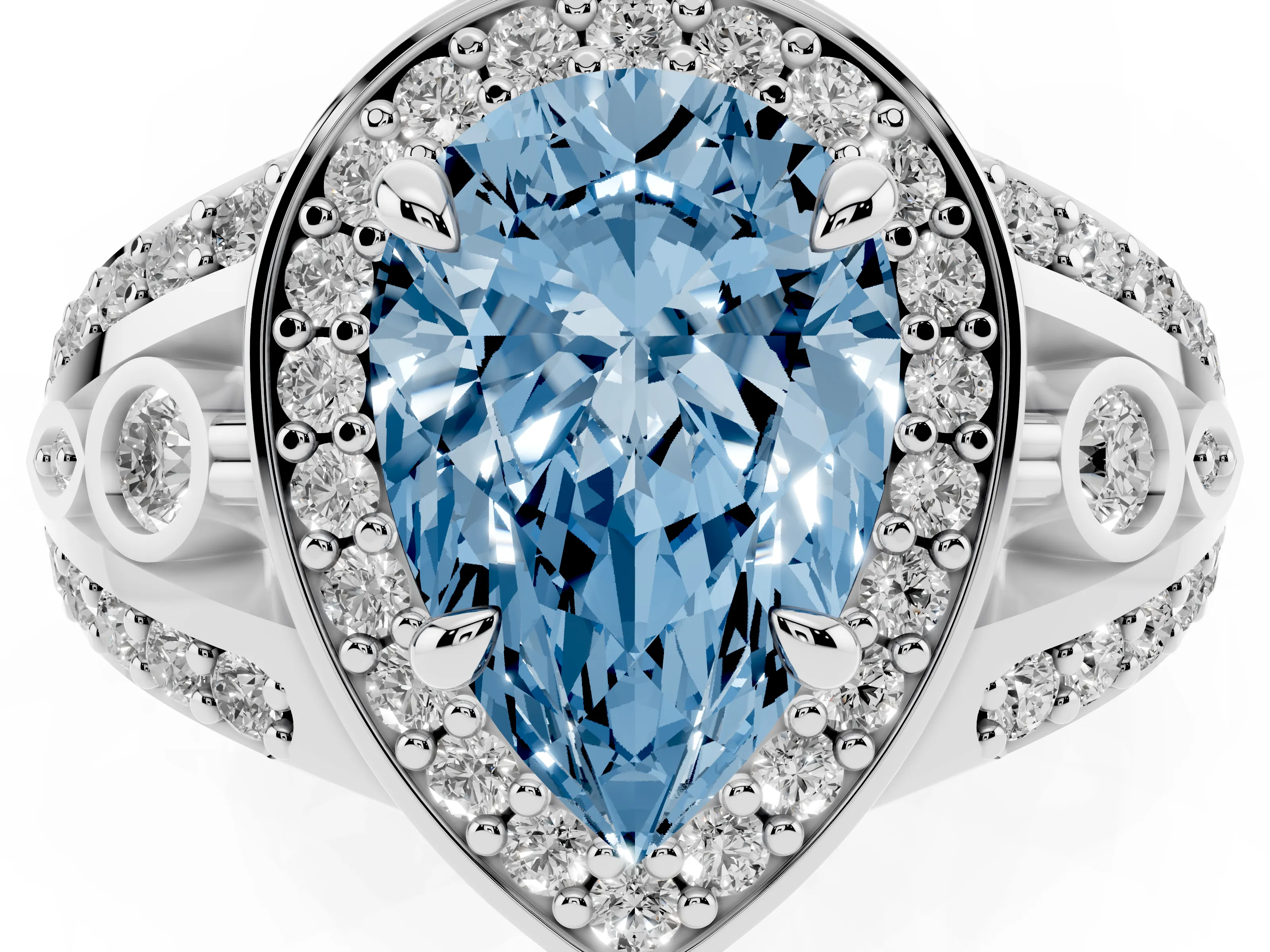 Fancy Blue Pear Cut Diamond Halo Ring Set in Silver with Pavé Split Shank and Bezel Accents