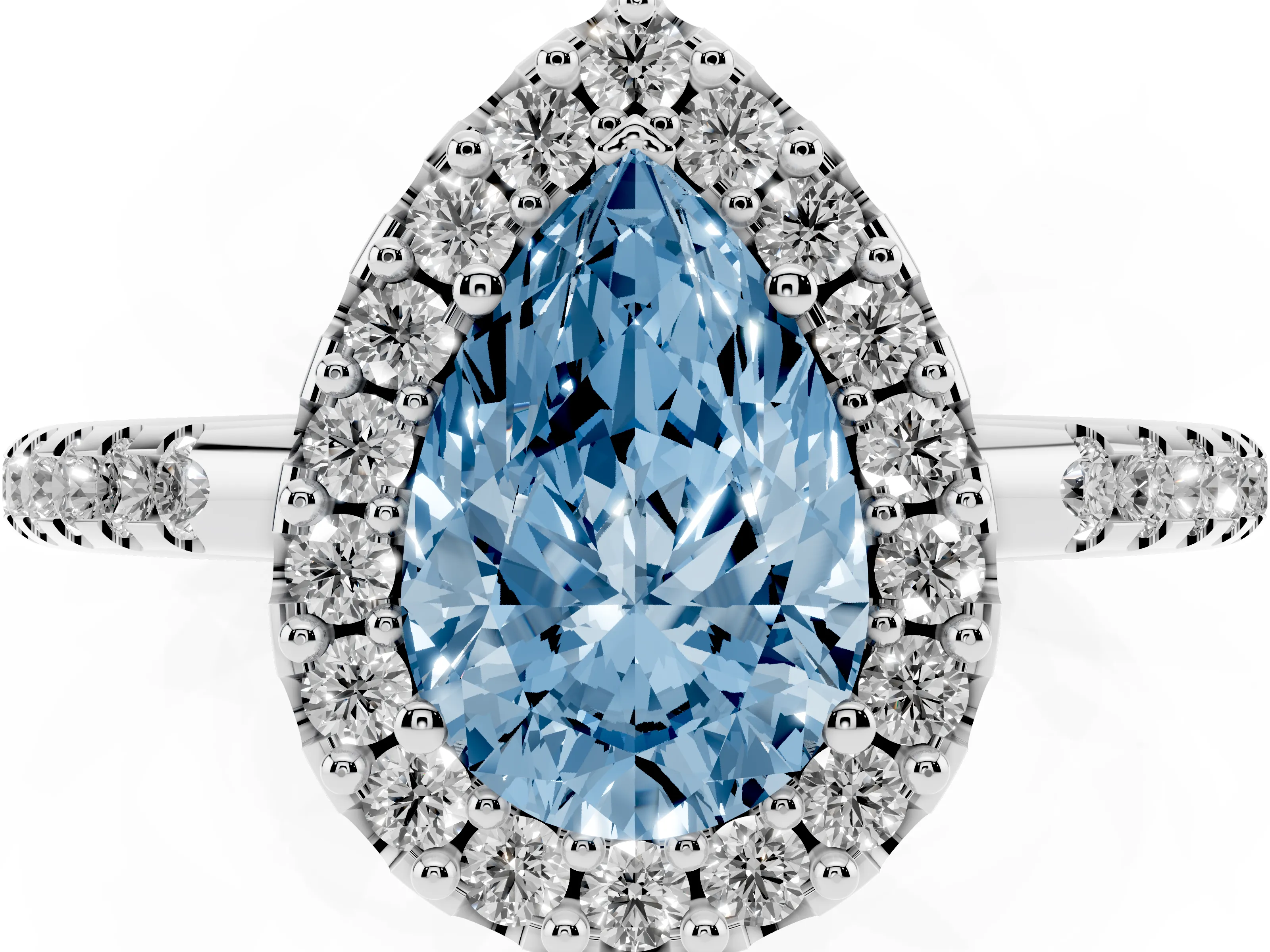 Fancy Blue Pear Cut Diamond Pavé Halo Ring Set in Platinum with Prong Setting