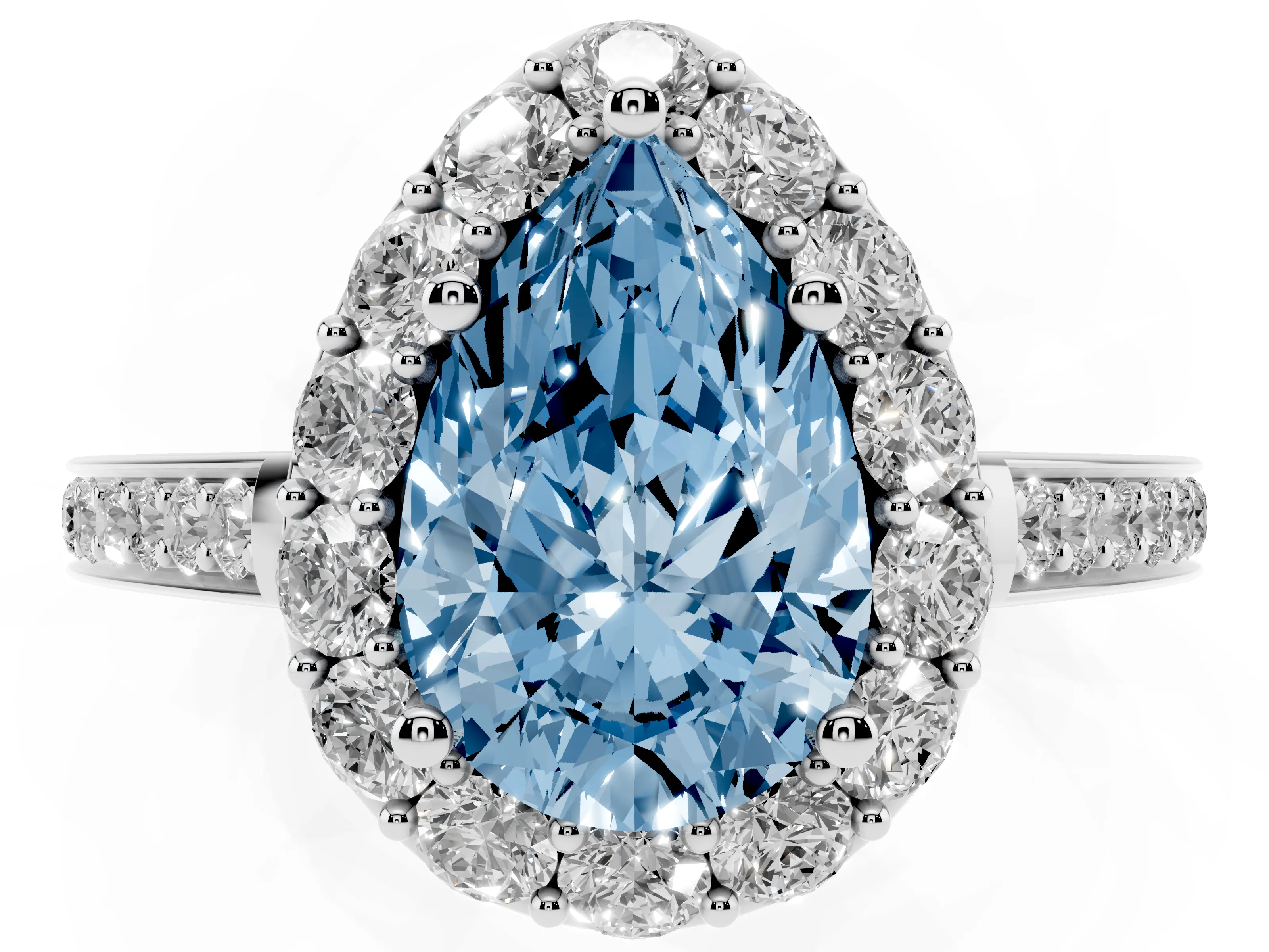 Fancy Blue Pear Cut Diamond Floral Halo Ring Set in White gold with Pavé Band and Prong Setting