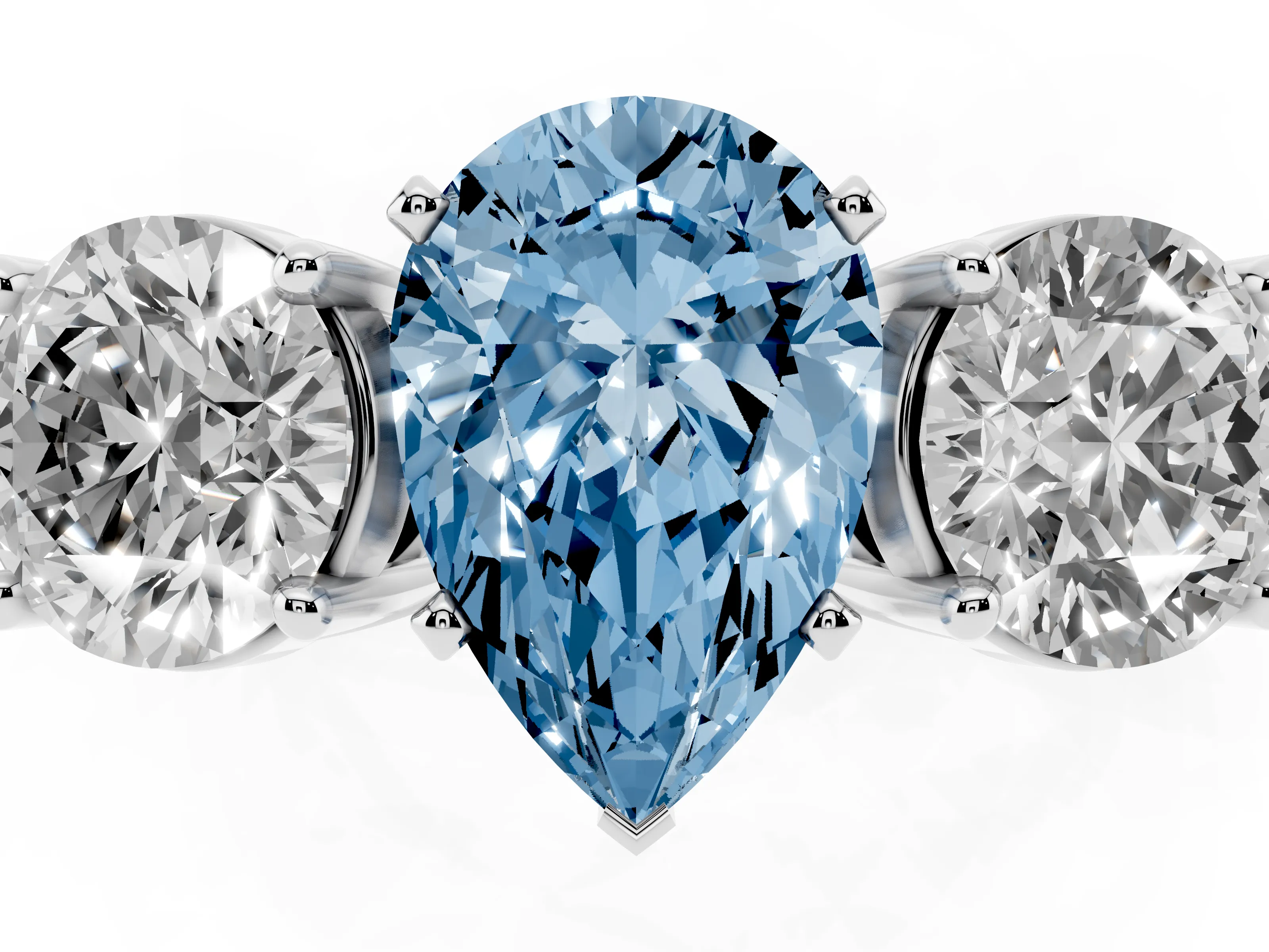 Fancy Blue Pear Cut Diamond Three-Stone Ring Set in Platinum with Round Side Stones and Classic Band