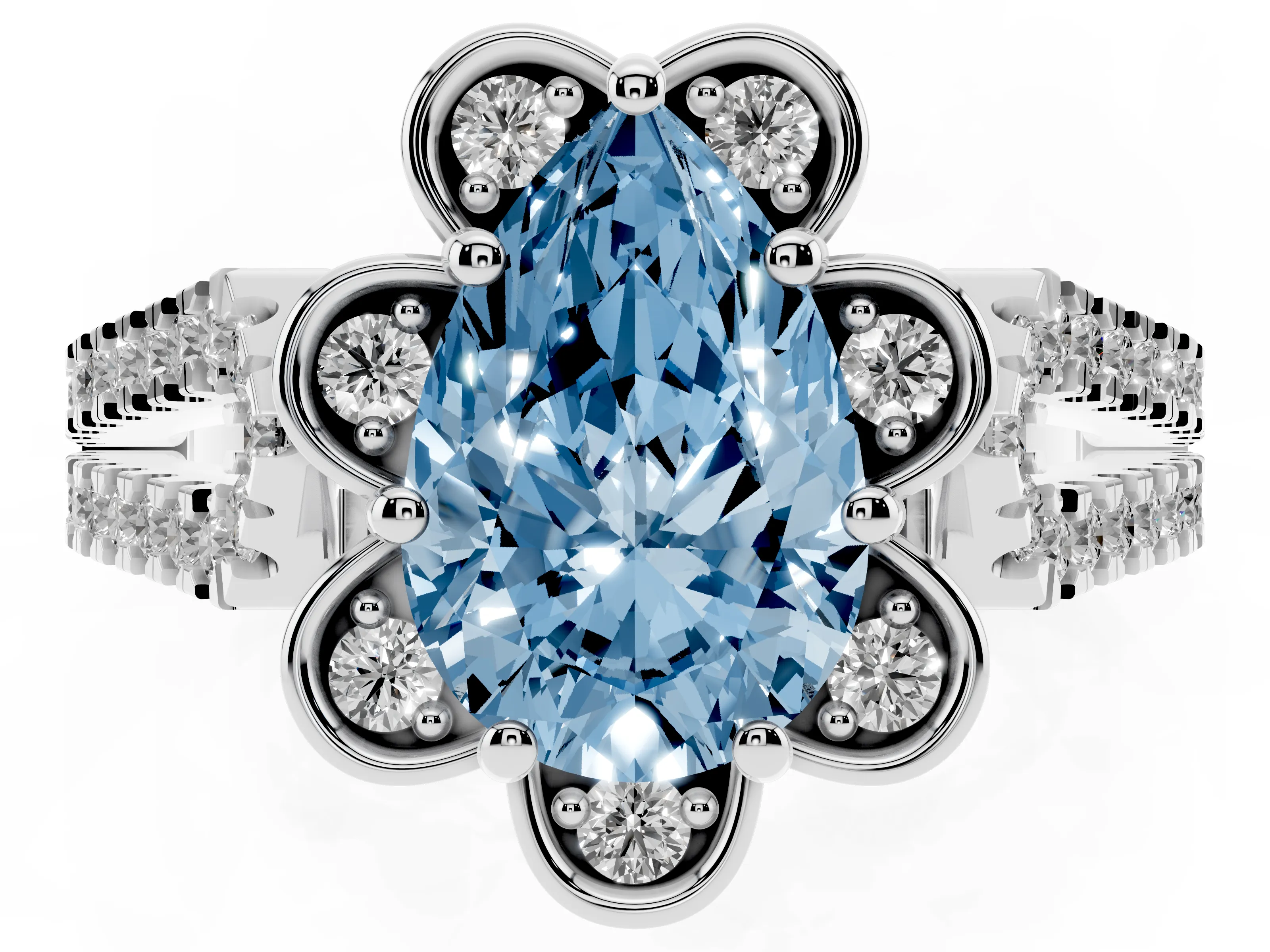 Fancy Blue Pear Cut Diamond Floral Halo Split Shank Engagement Ring Set in Platinum with Pavé Shank