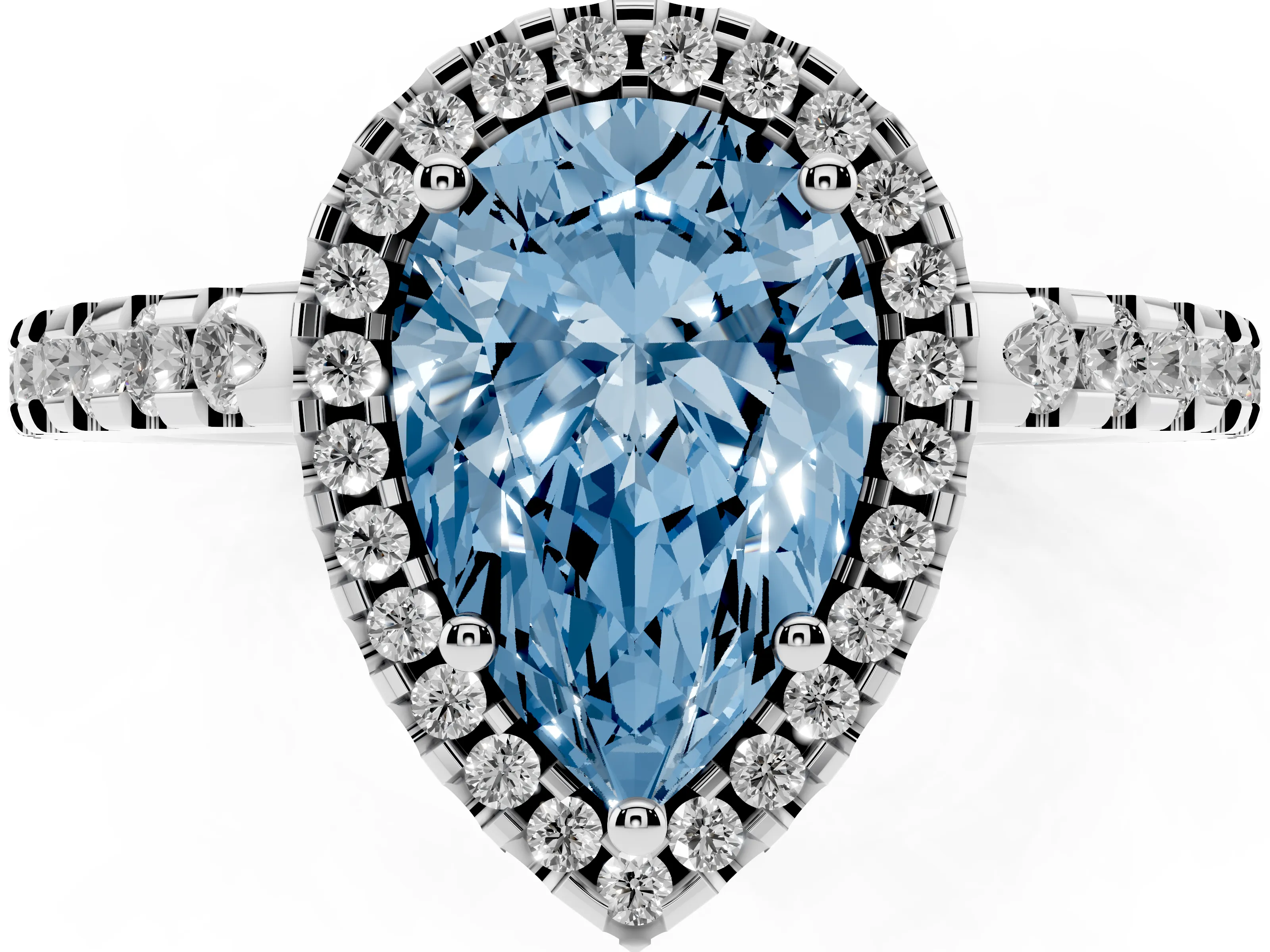 Fancy Blue Pear Cut Diamond Halo Ring Set in Silver with Pavé Shoulders and Halo-Framed Center