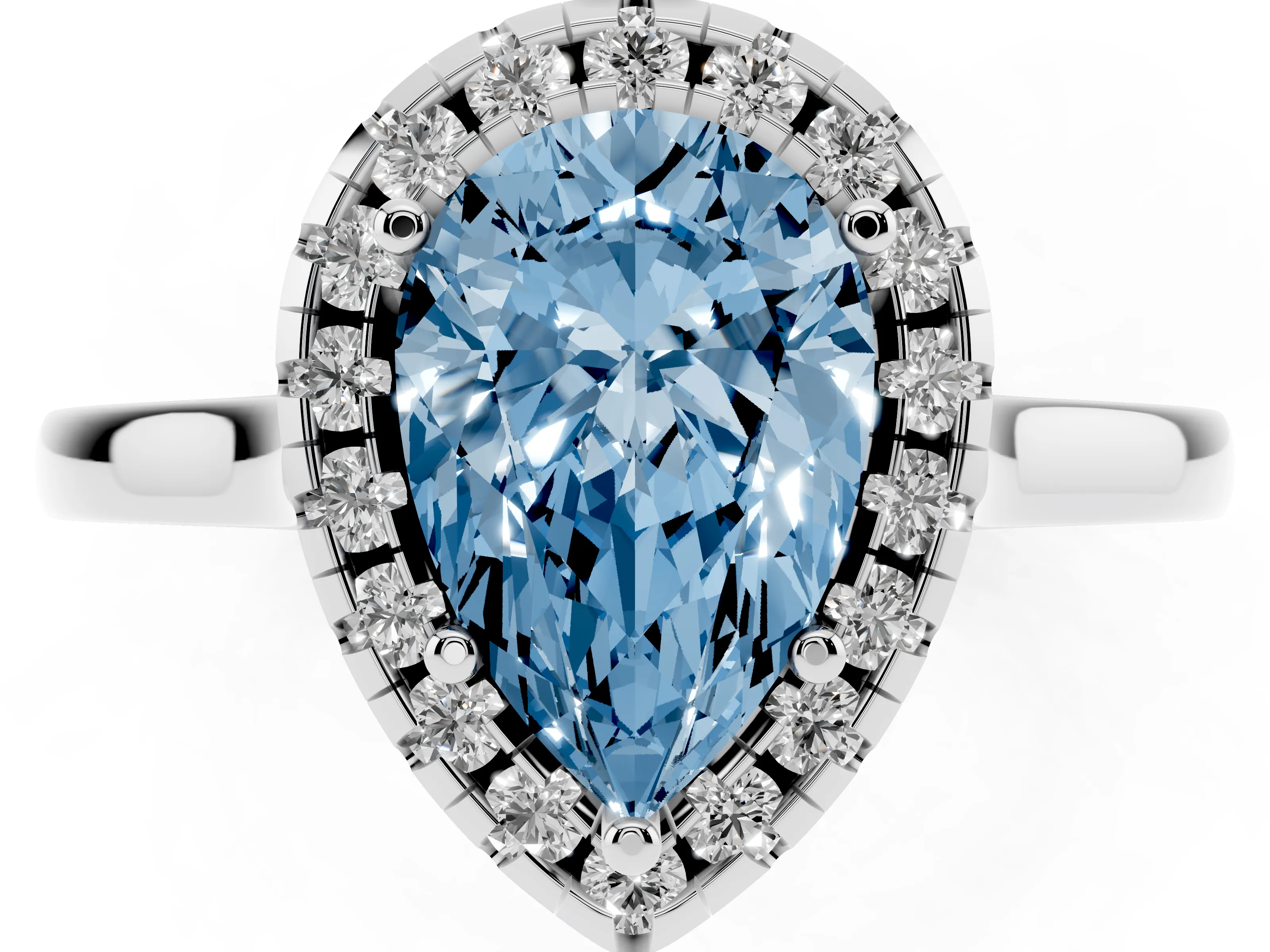 Fancy Blue Pear Cut Halo Round Diamond Solitaire Ring Set in White gold with Pavé Band and Prong Setting