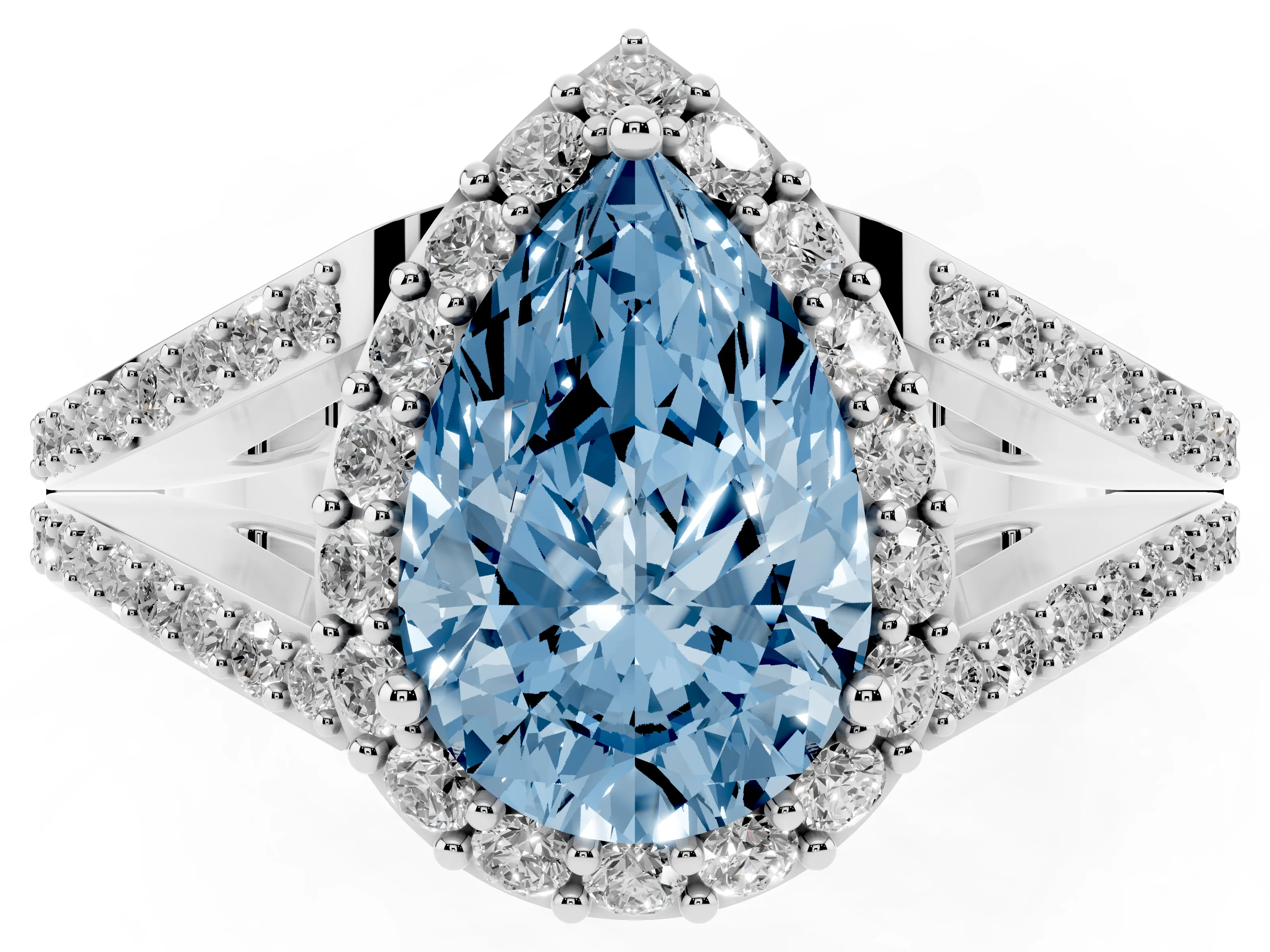 Fancy Blue Pear Cut Diamond Halo Split Shank Pavé Ring Set in Platinum with Prong Setting