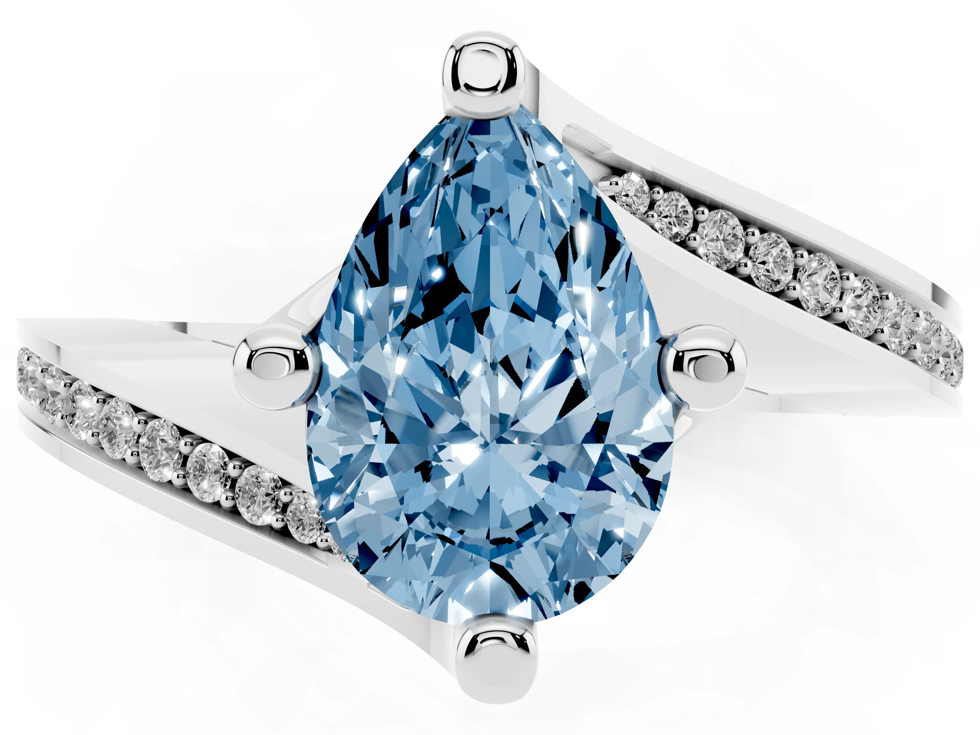 Fancy Blue Pear Cut Diamond Solitaire Ring Set in White gold with Intertwined Pavé Twist Band
