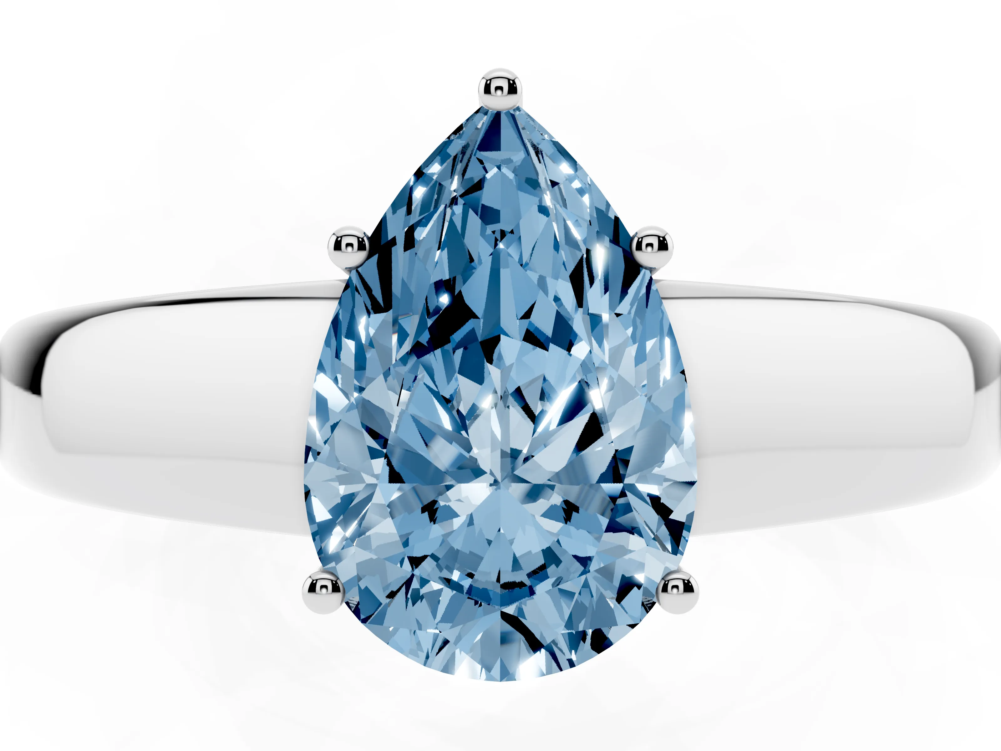 Fancy Blue Pear Cut Diamond Solitaire Ring Set in White gold with Tapered Band and Prong Setting