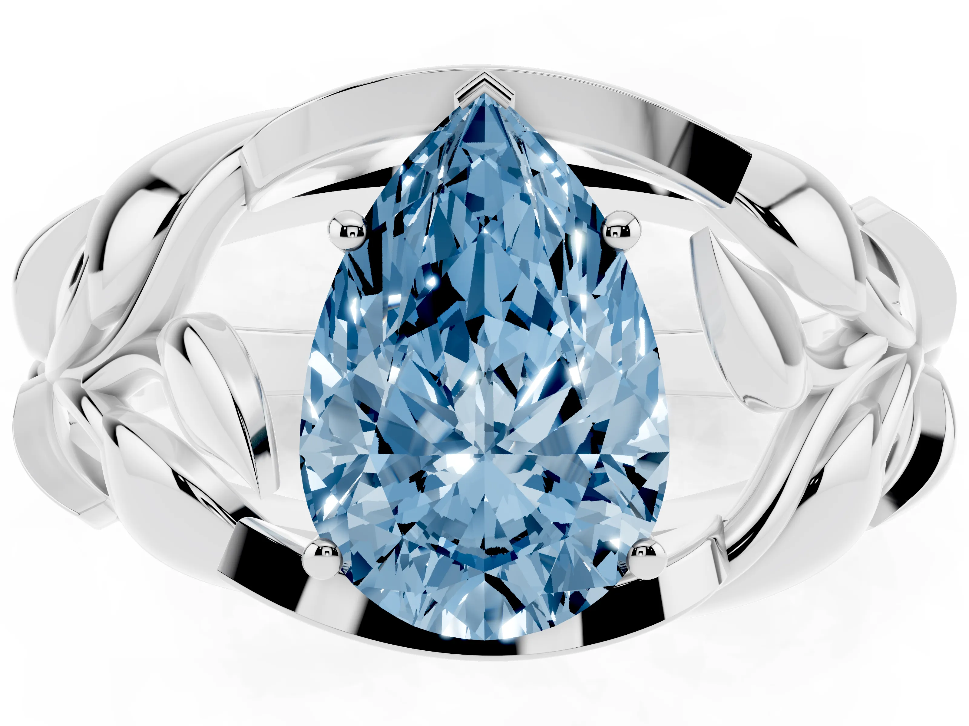 Fancy Blue Pear Cut Diamond Leaf-Inspired Engagement Ring Set in Silver with Round Accents