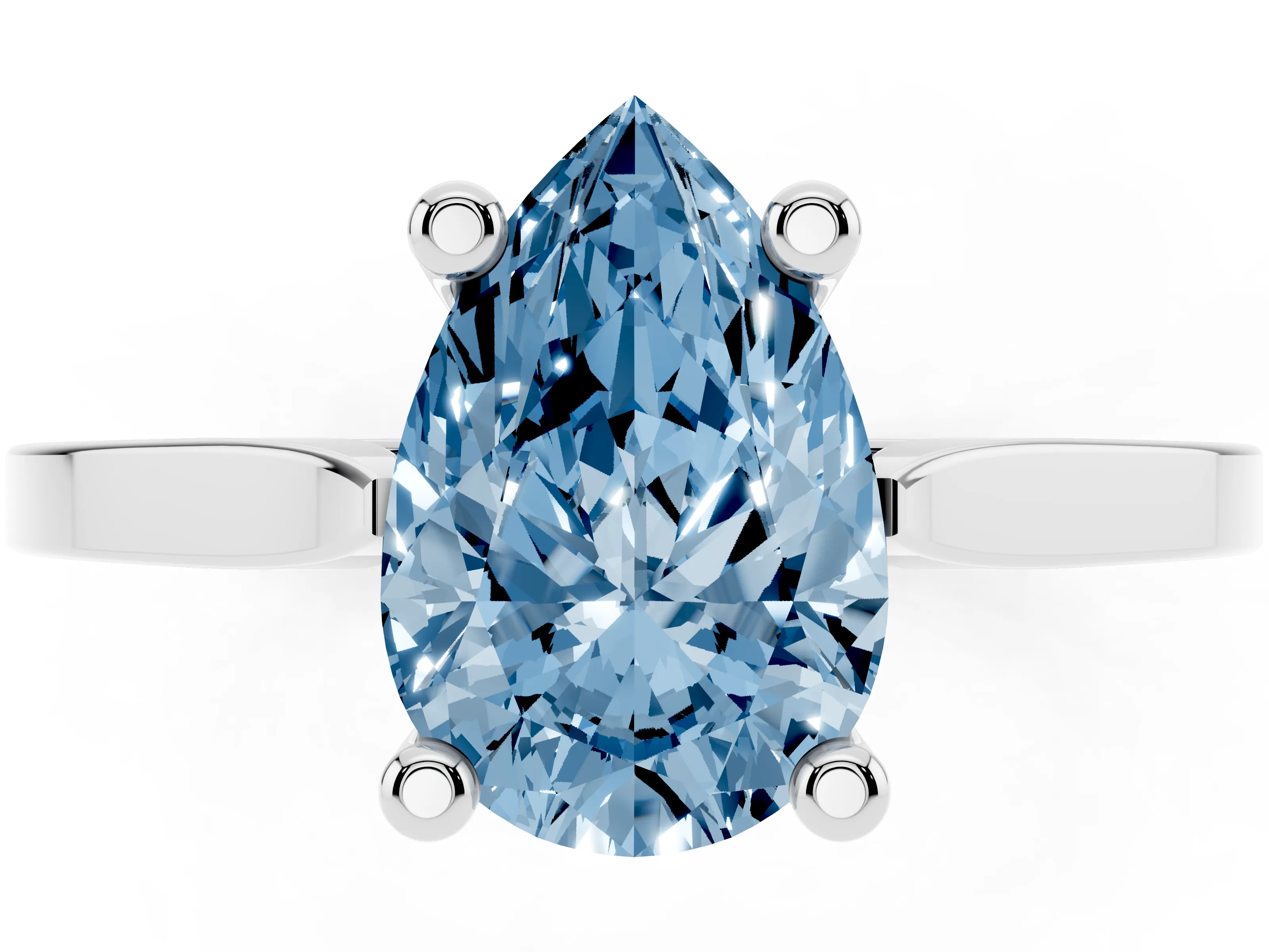 Fancy Blue Pear Cut Diamond Solitaire Ring Set in White gold with Prong Setting and Tapered Band
