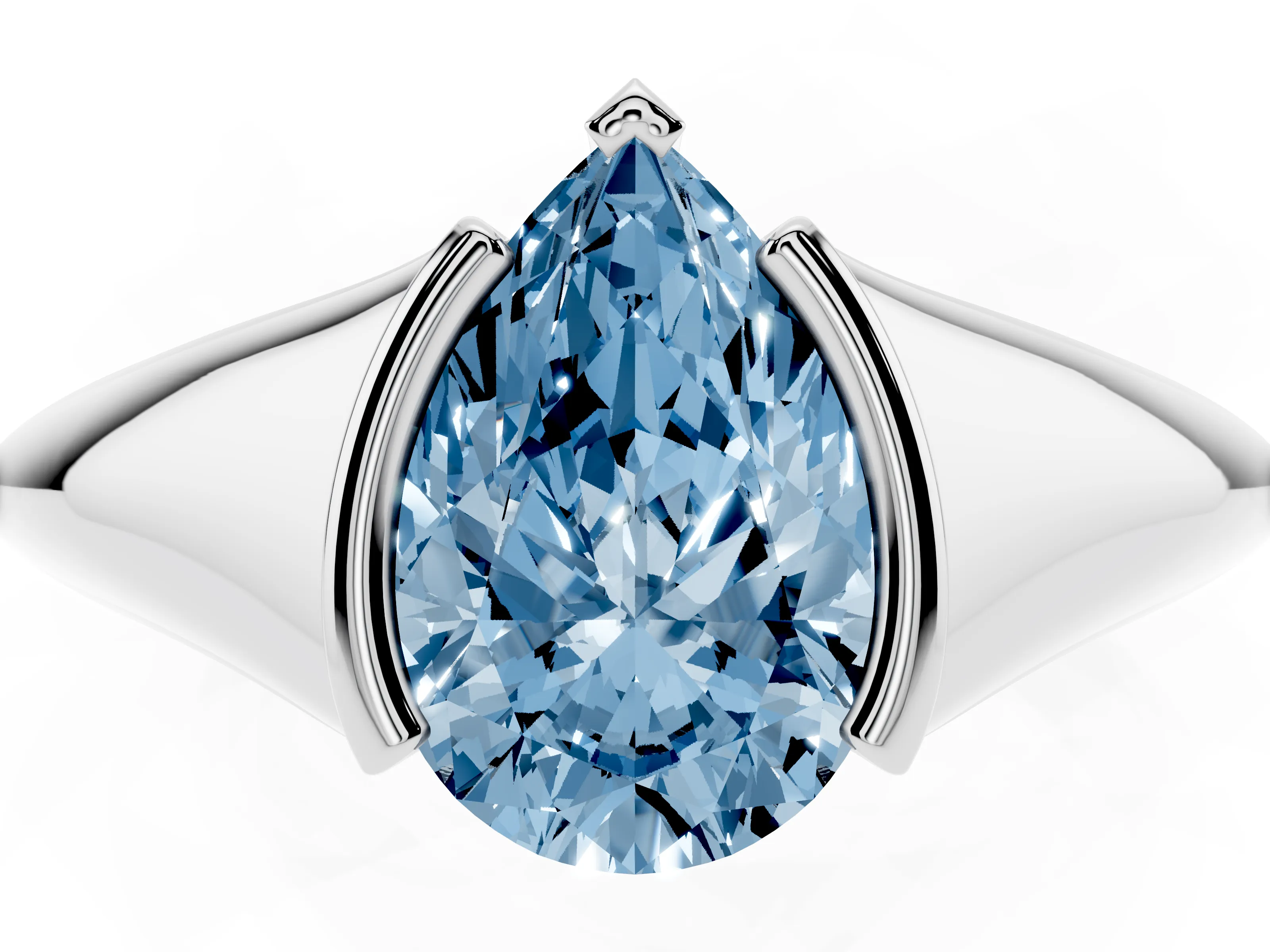 Fancy Blue Pear Cut Diamond Solitaire Tension Set Ring Set in Silver