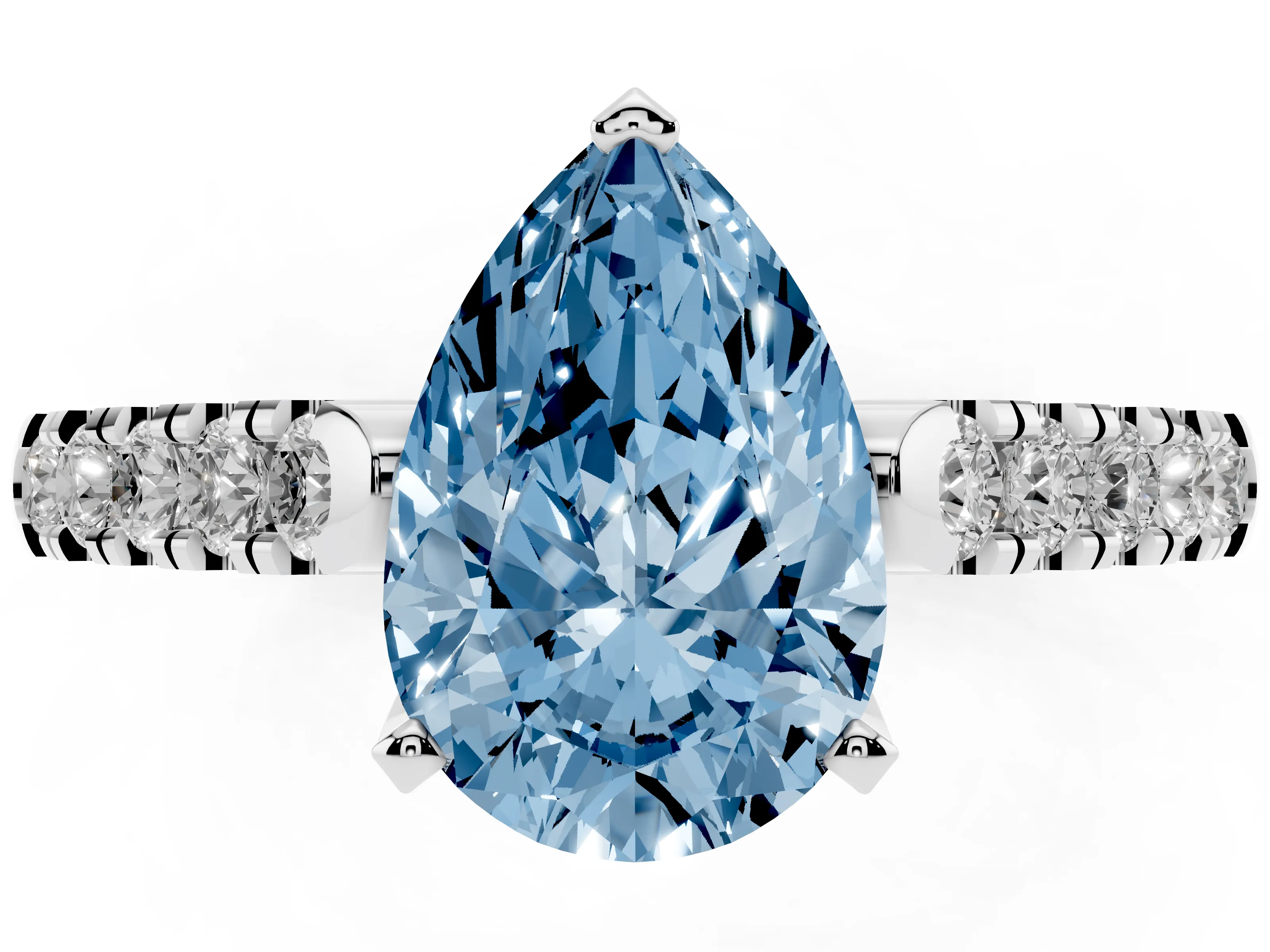 Fancy Blue Pear Cut Diamond Pavé Band Solitaire Ring Set in White gold with Partway Accent Stones and Prong Setting