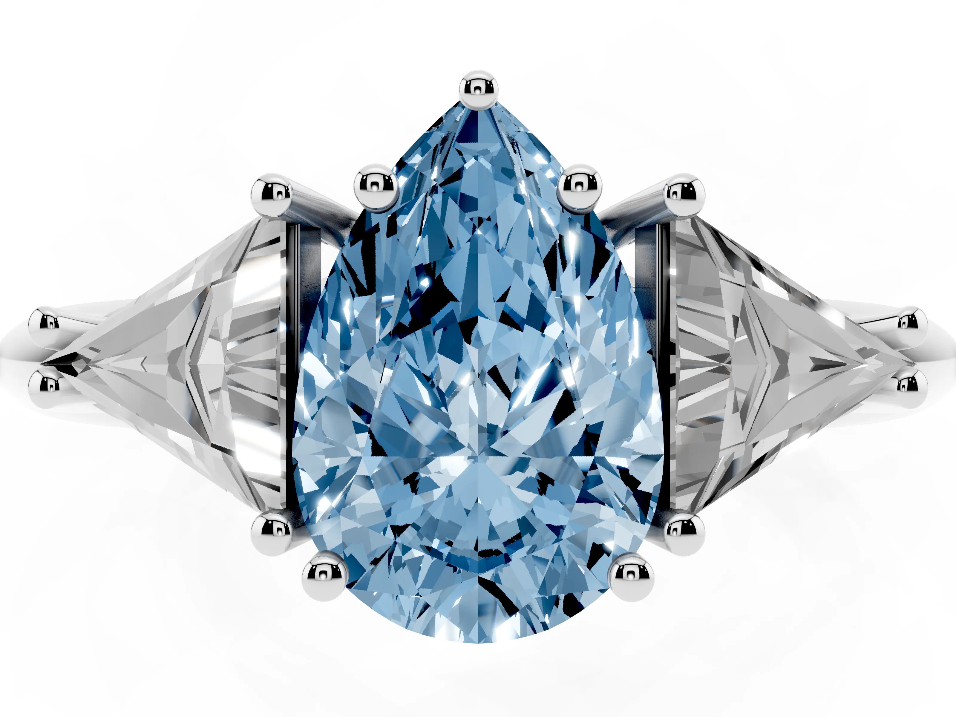 Fancy Blue Pear Cut Diamond Three-Stone Engagement Ring Set in Platinum with Trillion Side Stones