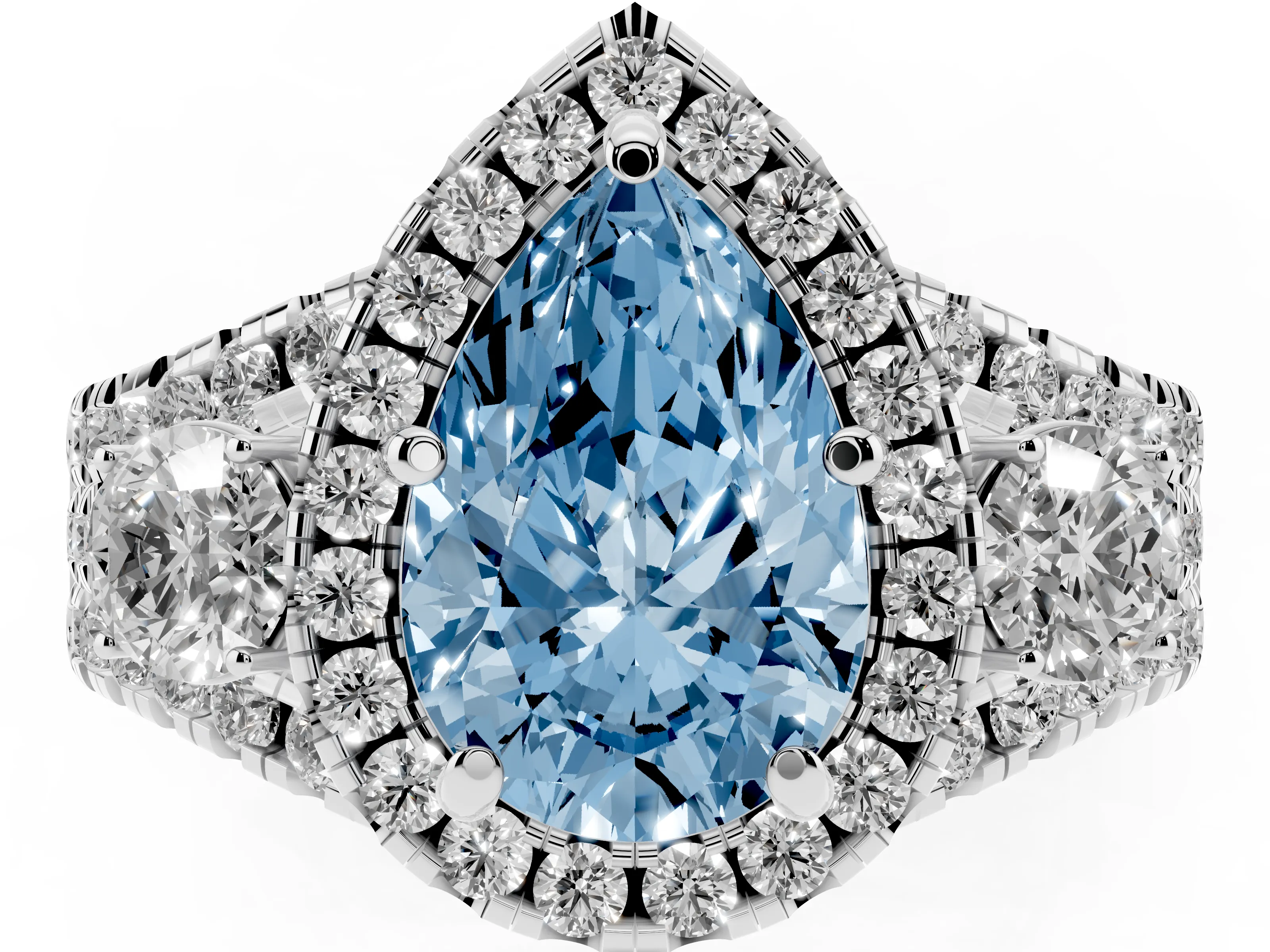 Fancy Blue Pear Cut Diamond Halo Split Shank Ring Set in Platinum with Round Accent Stones and Prong Setting