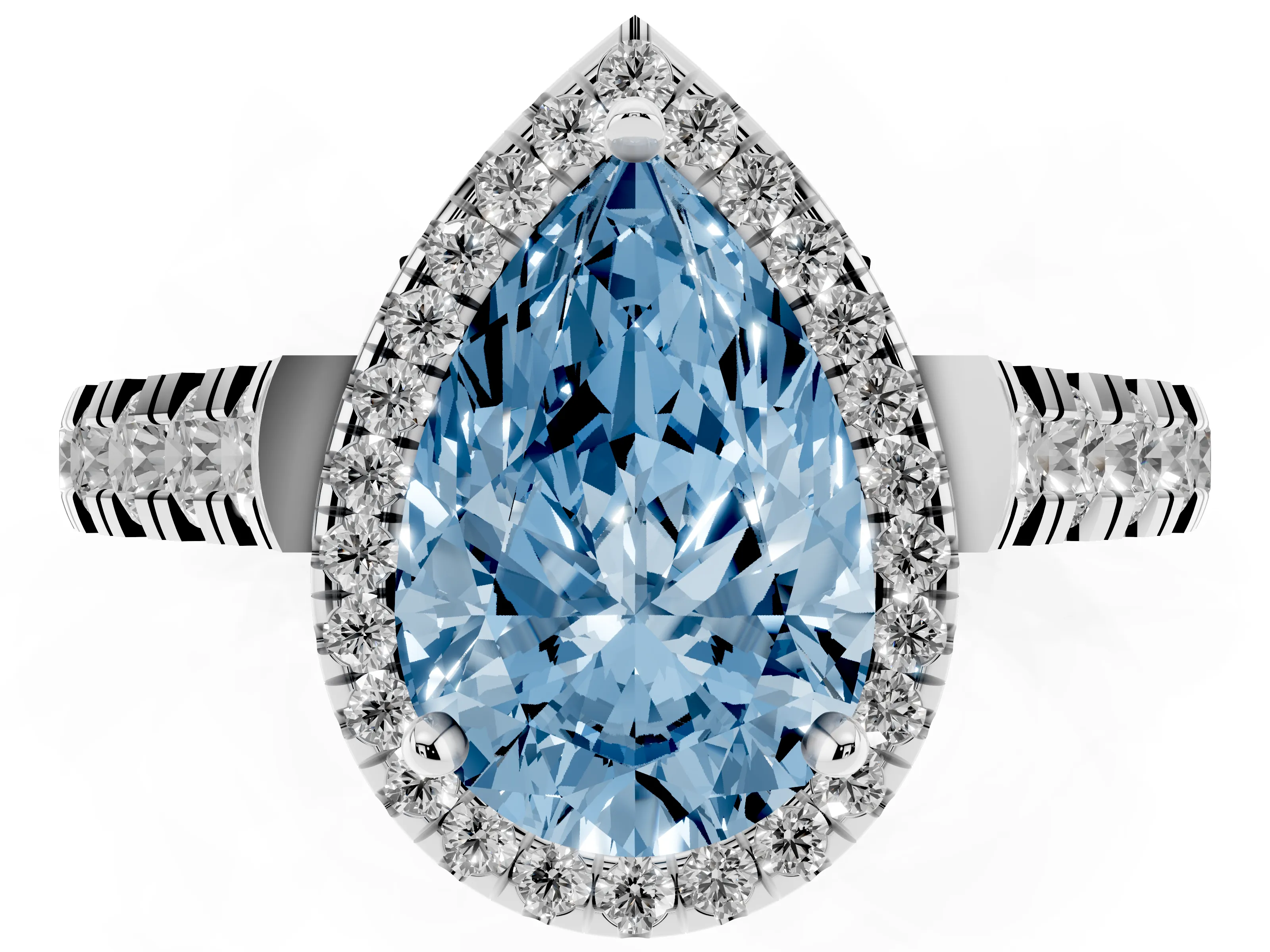 Fancy Blue Pear Cut Diamond Halo Engagement Ring Set in Silver with Pavé Band and Prong-Set Center