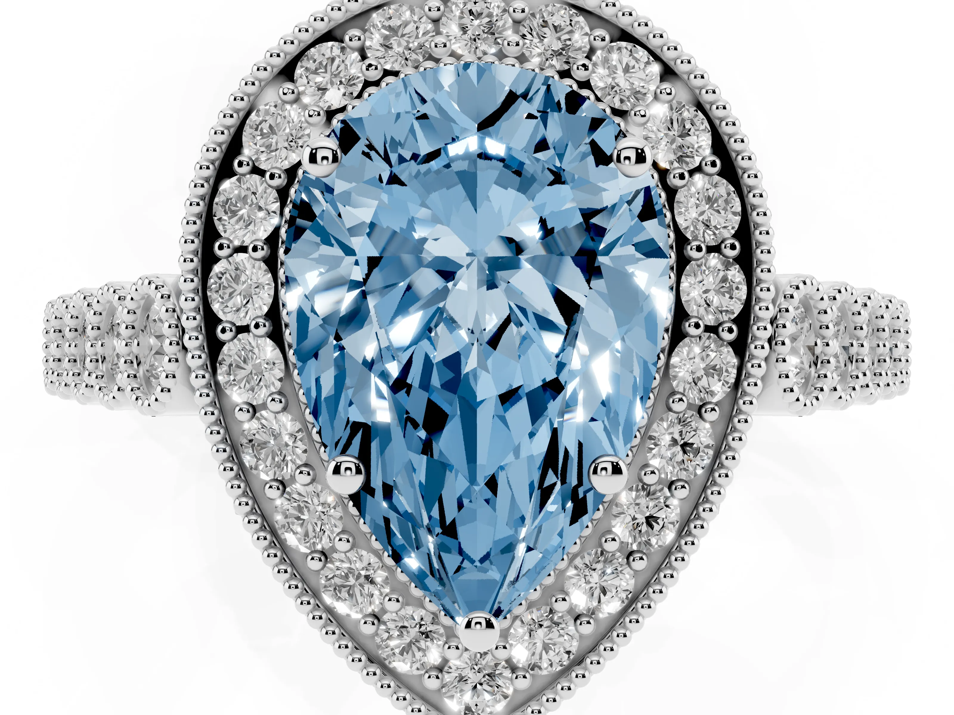 Fancy Blue Pear Cut Diamond Milgrain Halo Solitaire Ring Set in White gold with Bezel Set Side Stones and Pavé Band
