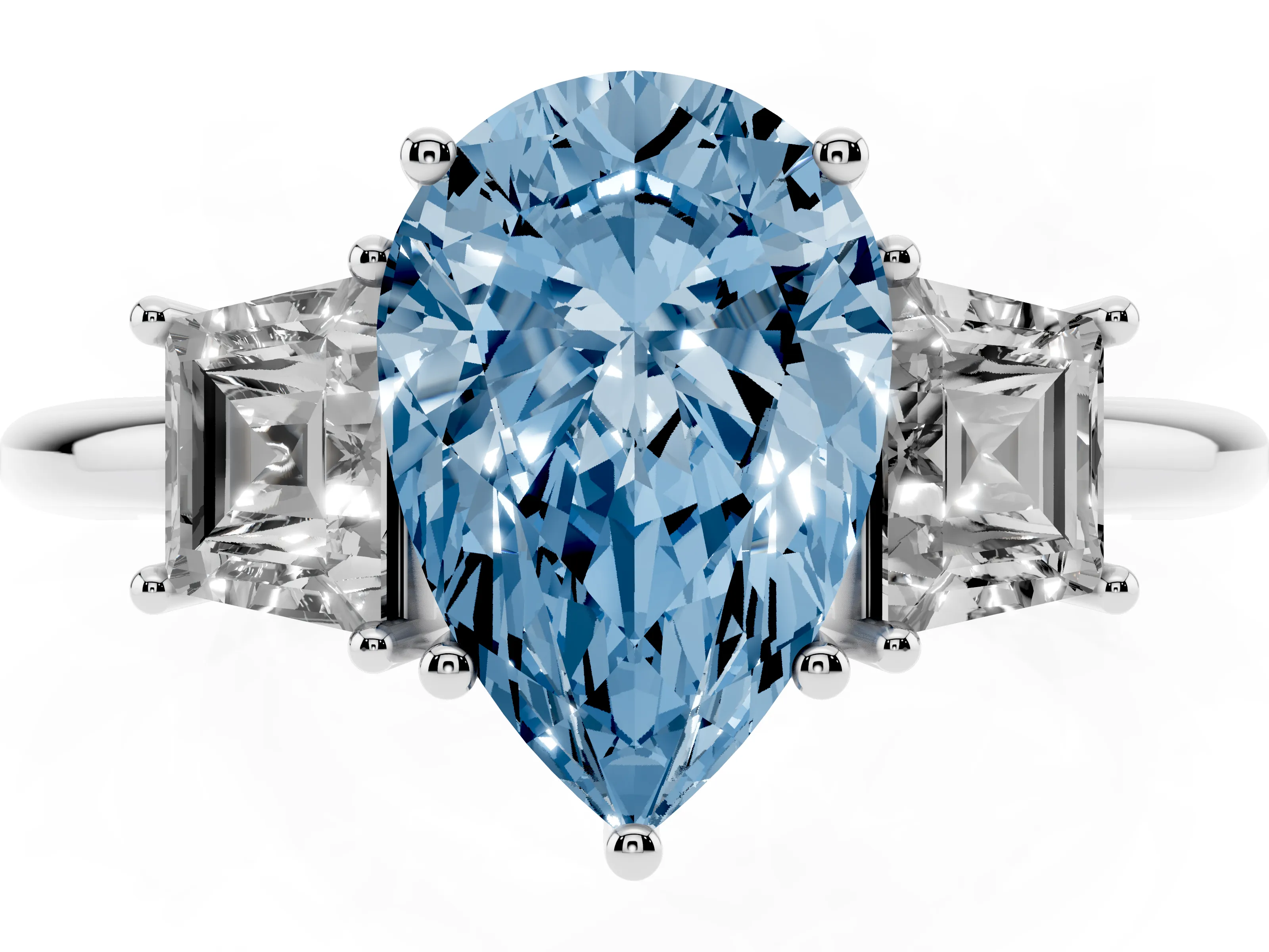 Fancy Blue Pear Cut Diamond Three-Stone Ring Set in Silver with Trapezoid Side Stones and Prong Setting