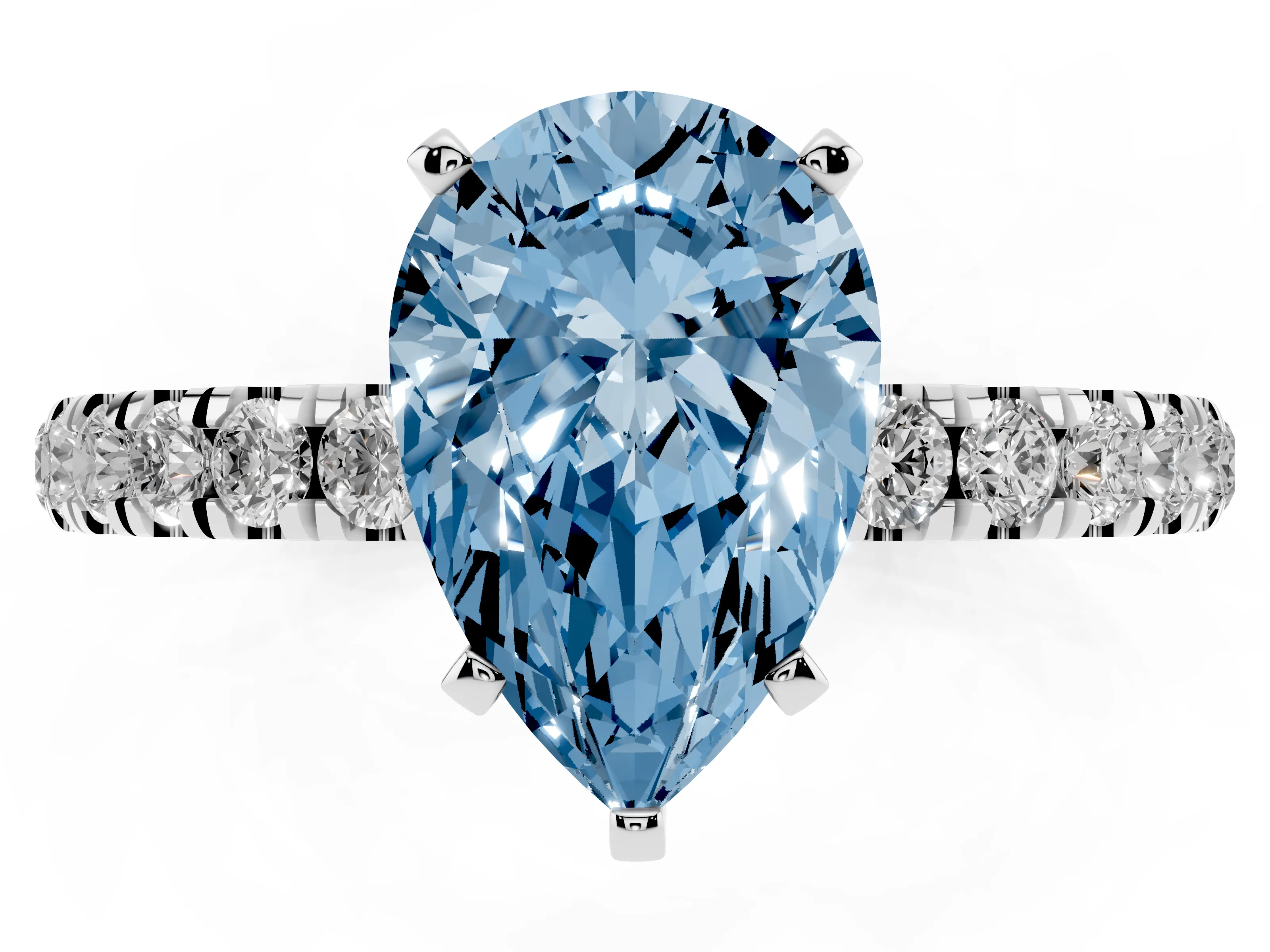Fancy Blue Pear Cut Diamond Solitaire Ring Set in White gold with Pavé Accents and Prong Setting