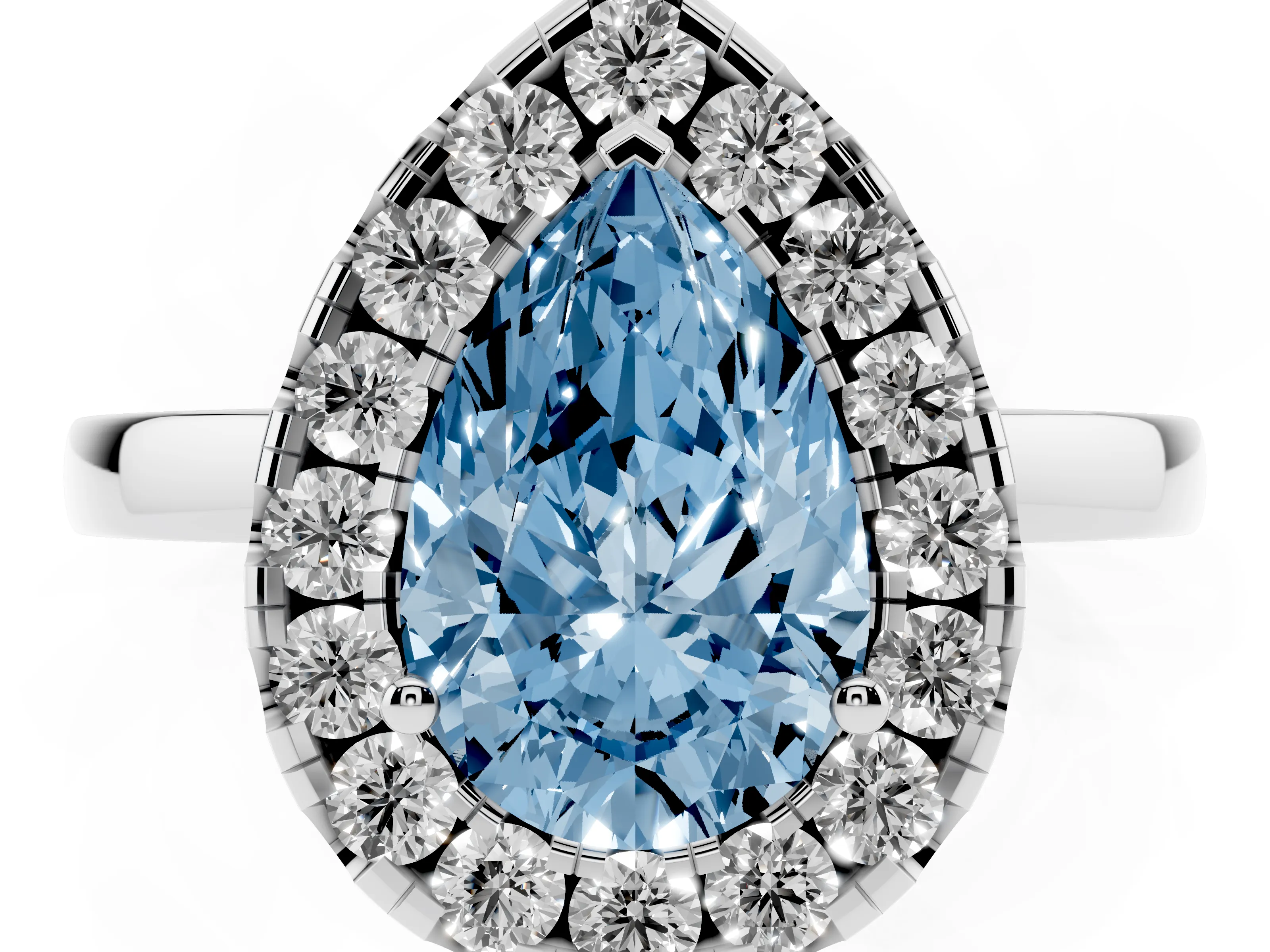 Fancy Blue Pear Cut Diamond Halo Solitaire Ring Set in White gold with Pavé Band and Prong Setting