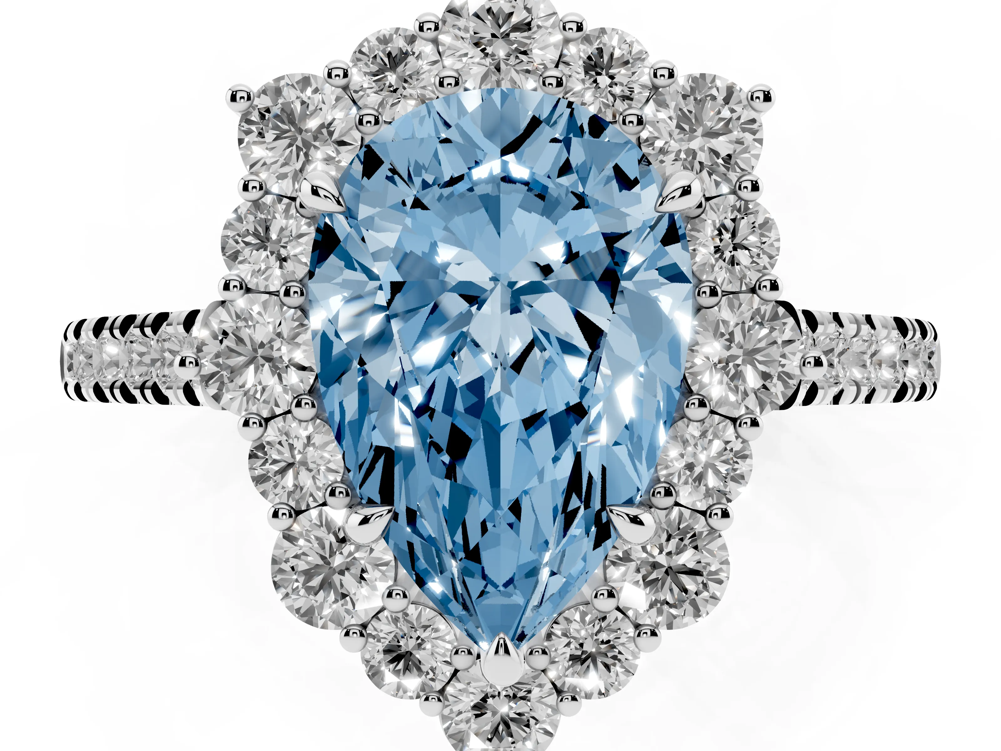 Fancy Blue Pear Cut Diamond Halo Ring Set in White gold with Pavé Band and Prong Setting