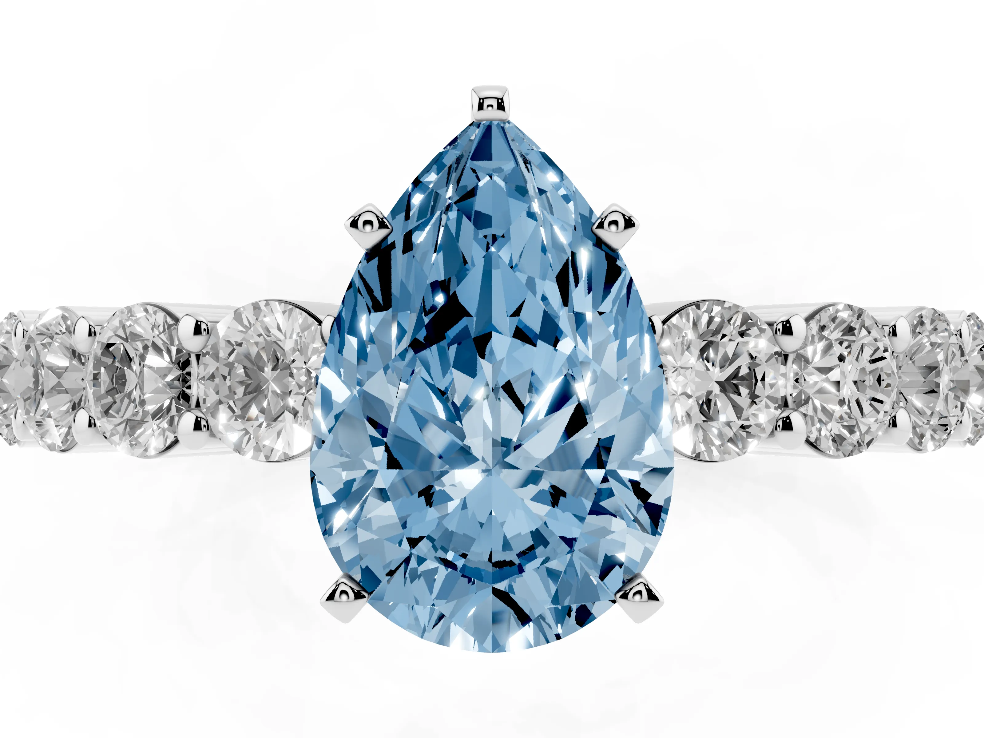 Fancy Blue Pear Cut Diamond Solitaire Ring Set in Platinum with Shared Prong Round Side Stones