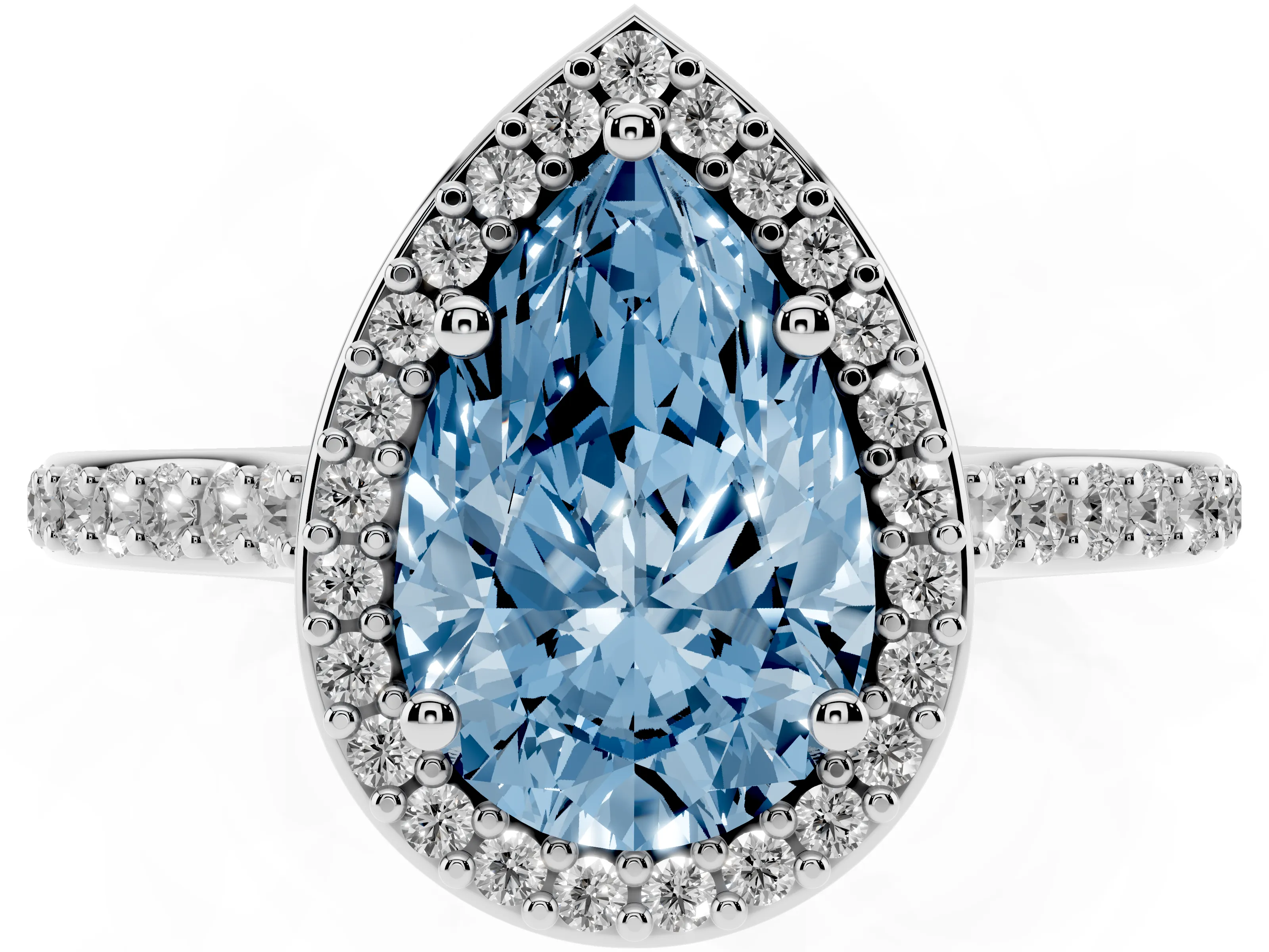 Fancy Blue Pear Cut Diamond Halo Engagement Ring Set in Platinum with Round Pavé Shoulders and Heart Gallery