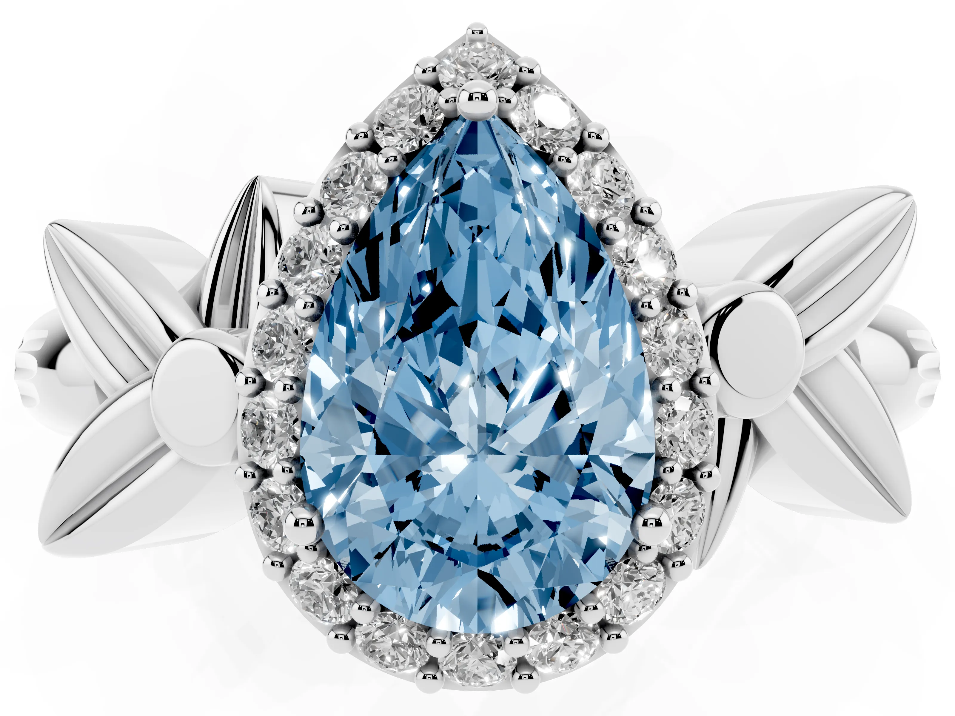 Fancy Blue Pear Cut Diamond Halo Floral Band Ring Set in White gold with Prong Setting