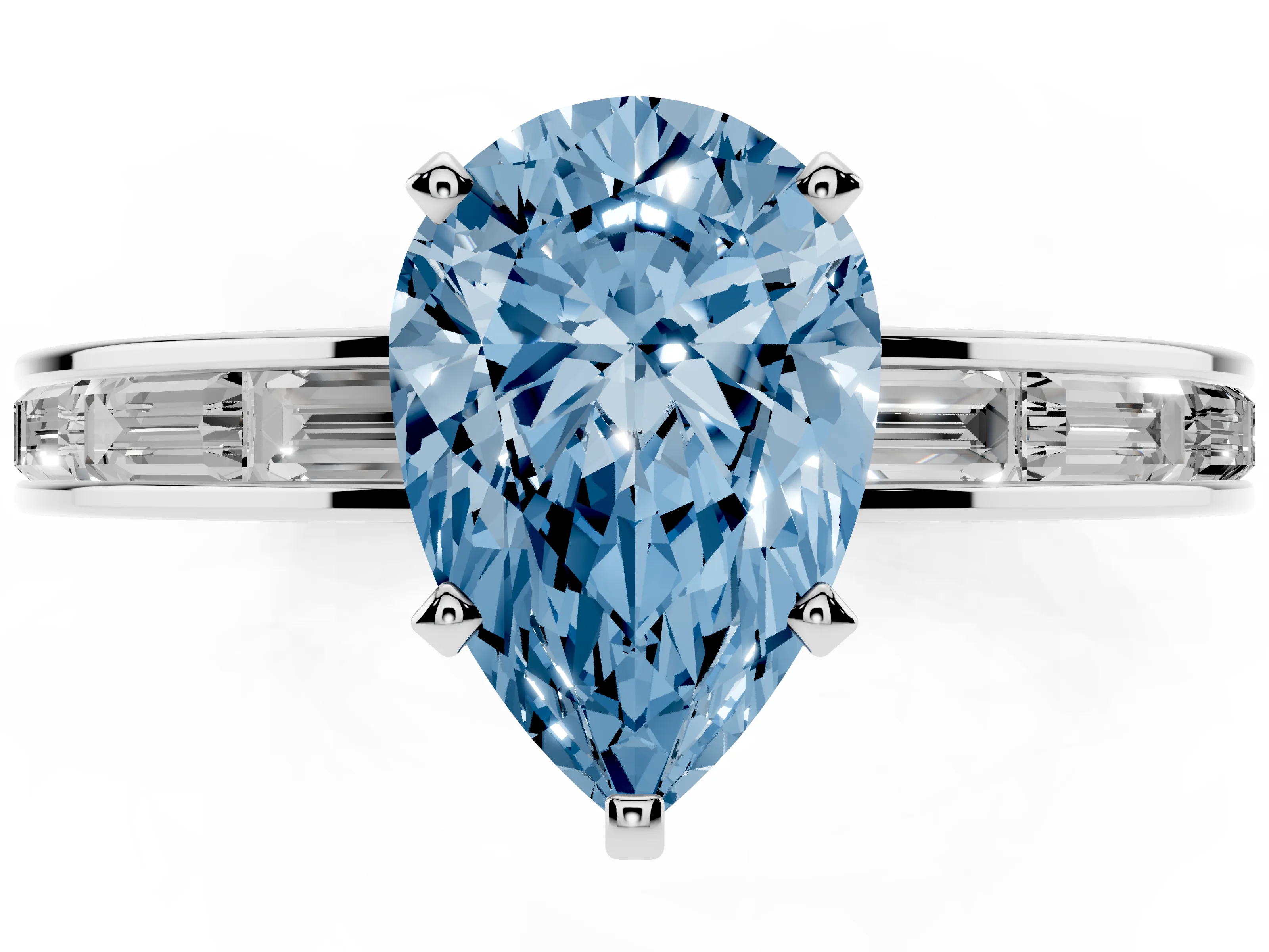 Fancy Blue Pear Cut Diamond Solitaire Ring Set in Platinum with Channel-Set Baguette Band and Prong Setting