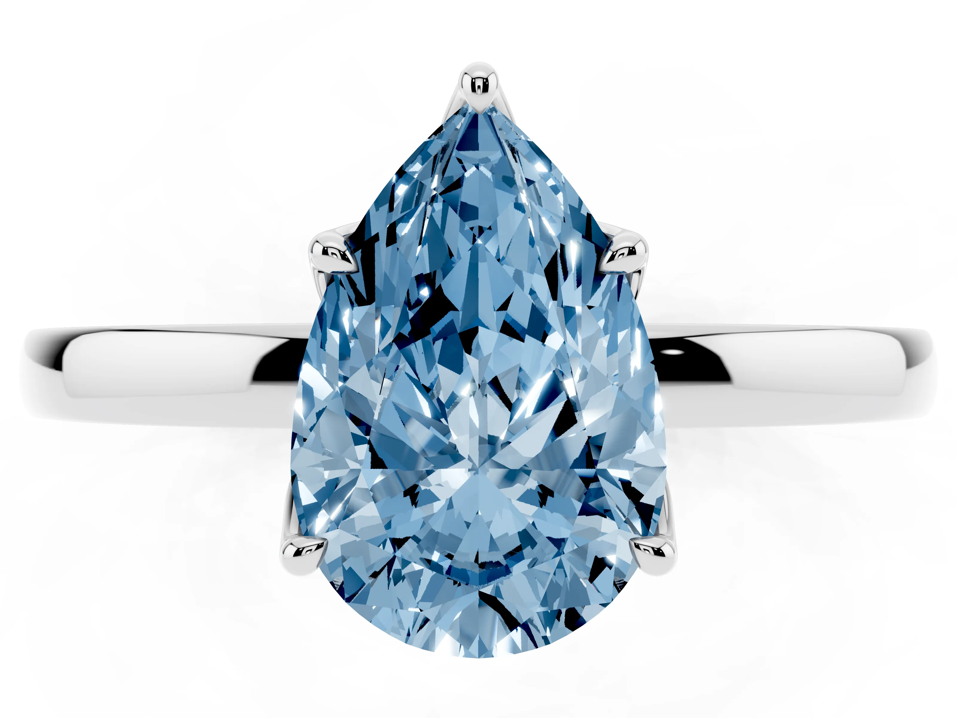 Fancy Blue Pear Cut Diamond Solitaire Ring Set in White gold with Prong Setting and Thin Polished Band