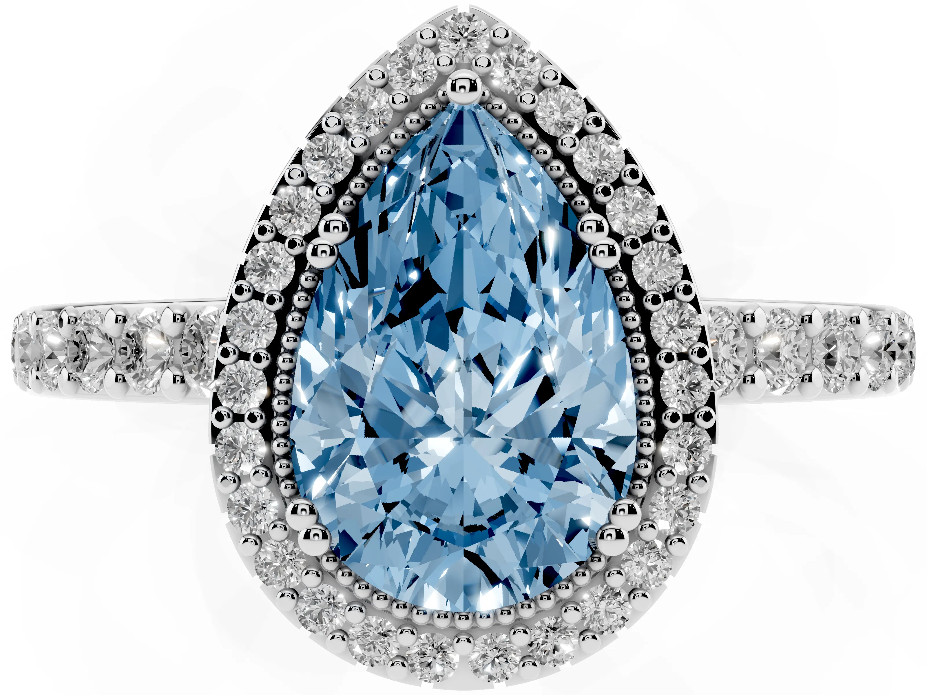 Fancy Blue Pear Cut Diamond Halo Engagement Ring Set in White gold with Milgrain Detail and Pavé Band