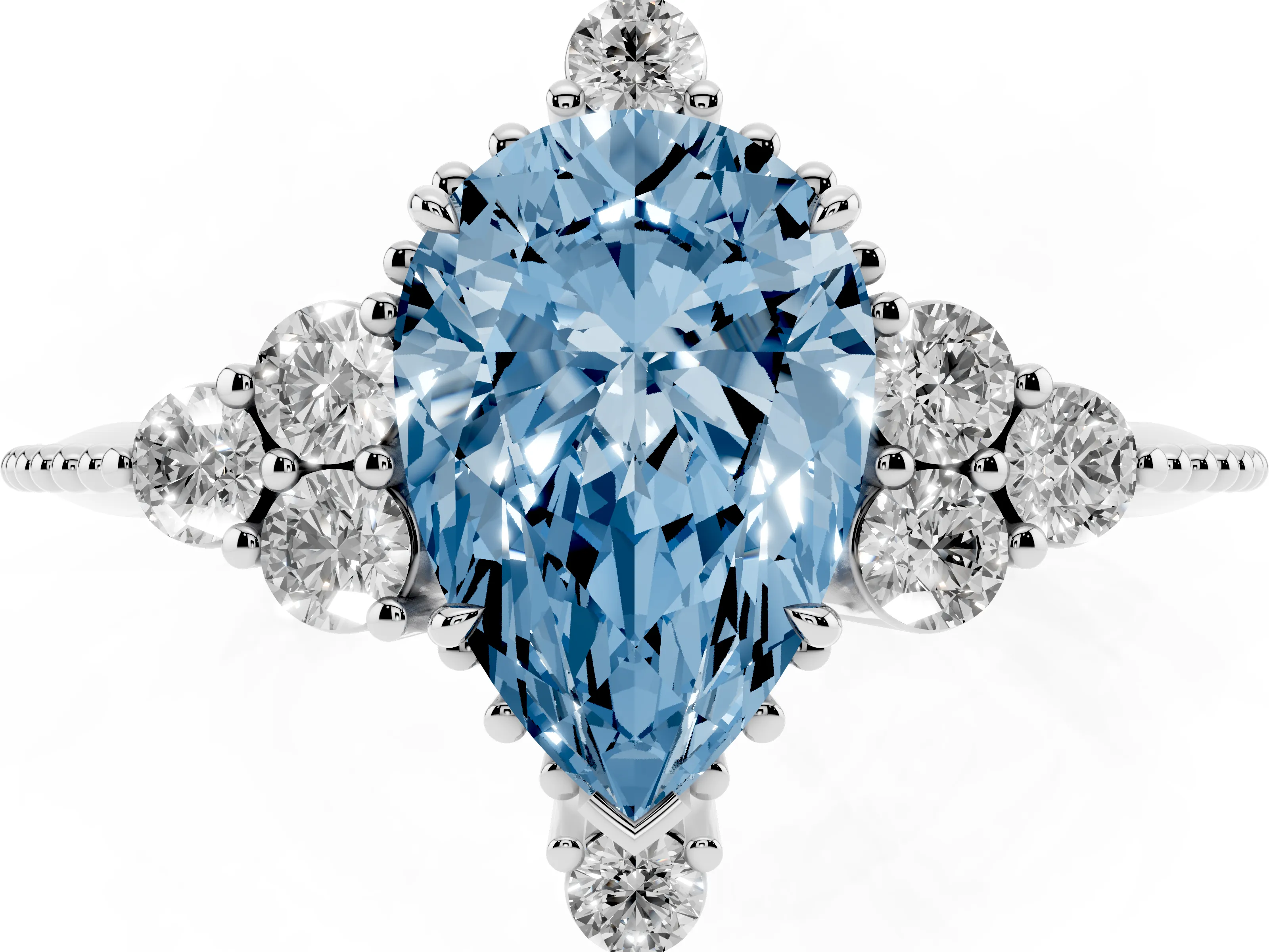 Fancy Blue Pear Cut Diamond Cluster Ring Set in Platinum with Beaded Band