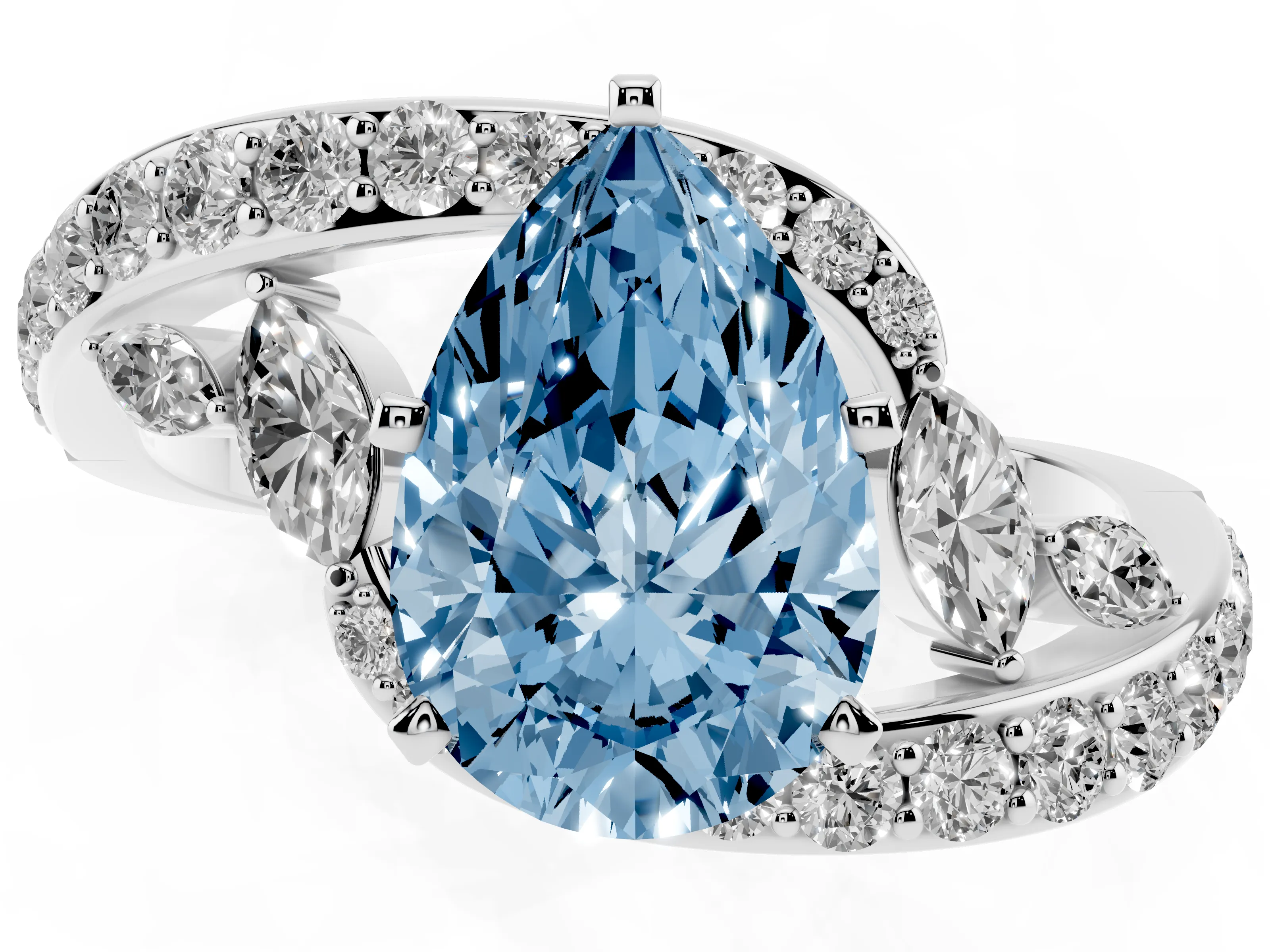 Fancy Blue Pear Cut Diamond Solitaire Ring Set in Platinum with Pavé Twist Band and Secure Prong Setting