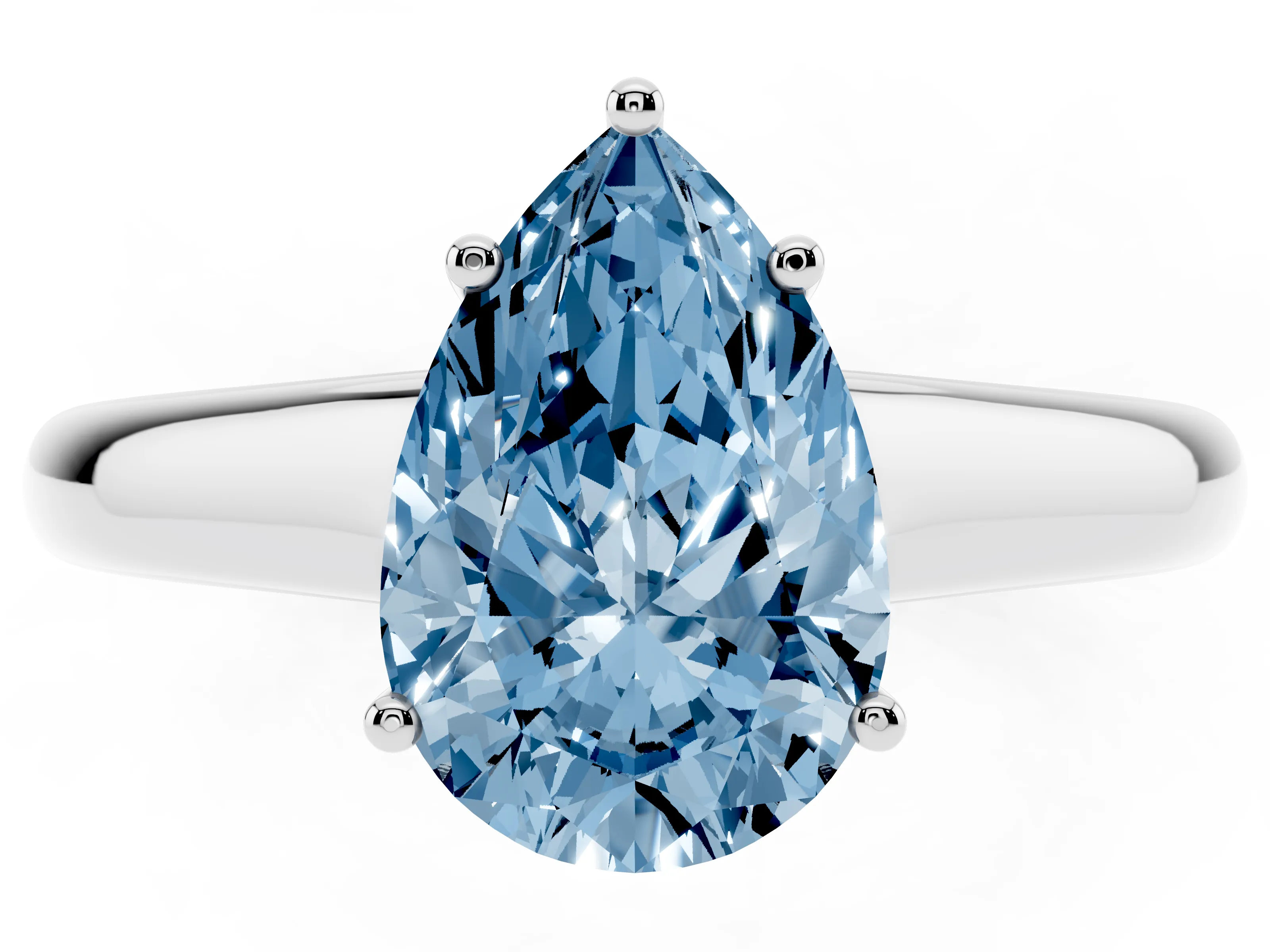 Fancy Blue Pear Cut Diamond Solitaire Engagement Ring Set in Silver with Subtly Tapered Band and Prong Setting