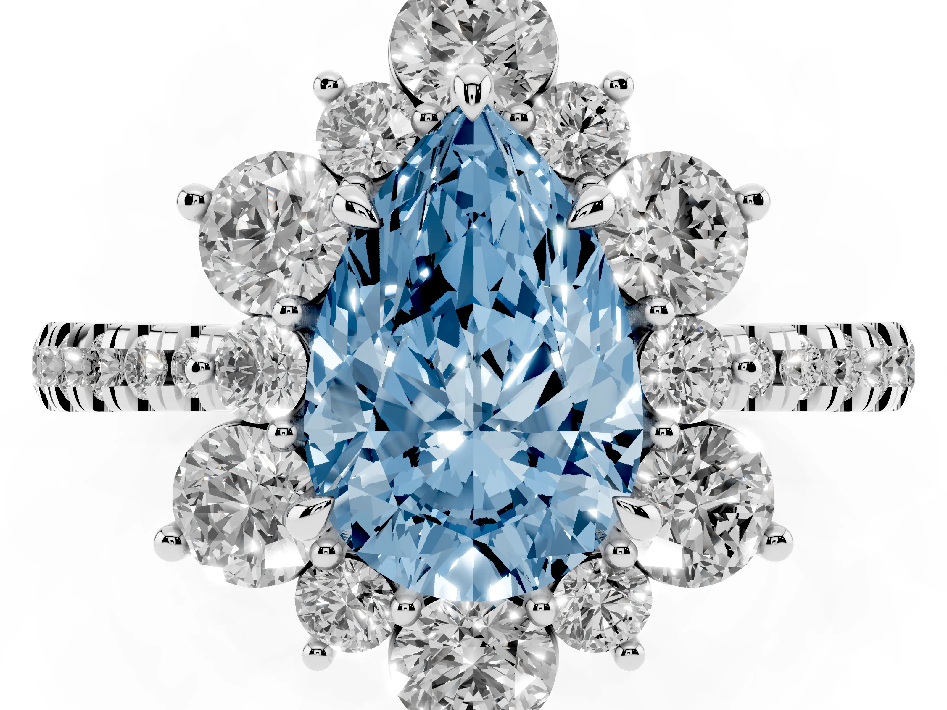Fancy Blue Pear Cut Diamond Floral Halo Ring Set in White gold with Round Pavé Band and Prong Setting