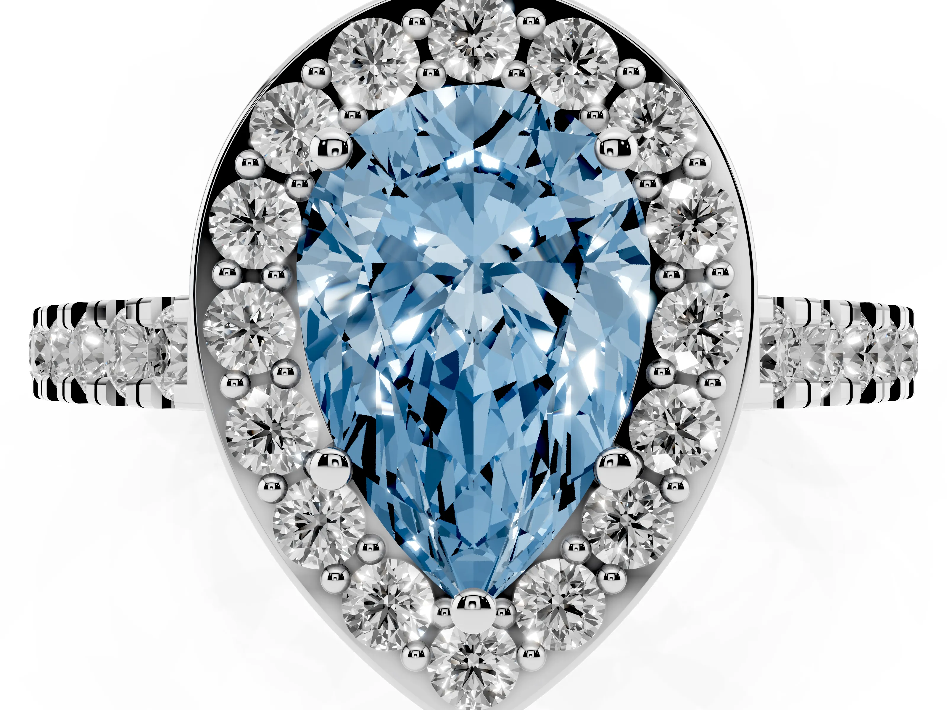 Fancy Blue Pear Cut Diamond Halo Ring Set in White gold with Round Pavé Split Shank and Prong Setting