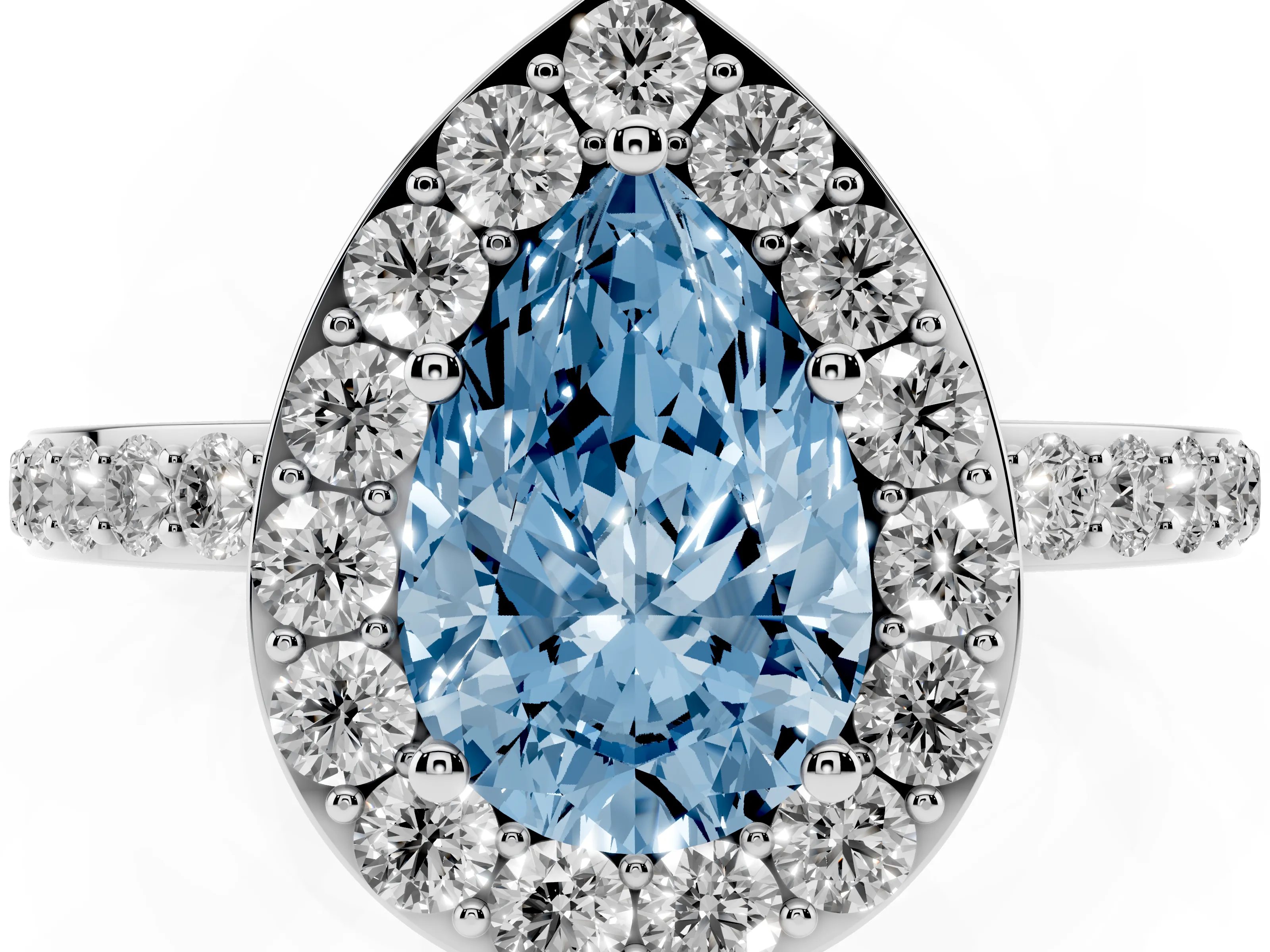 Fancy Blue Pear Cut Diamond Halo Ring Set in White gold with Pavé-Setting Band and Open Prong Center