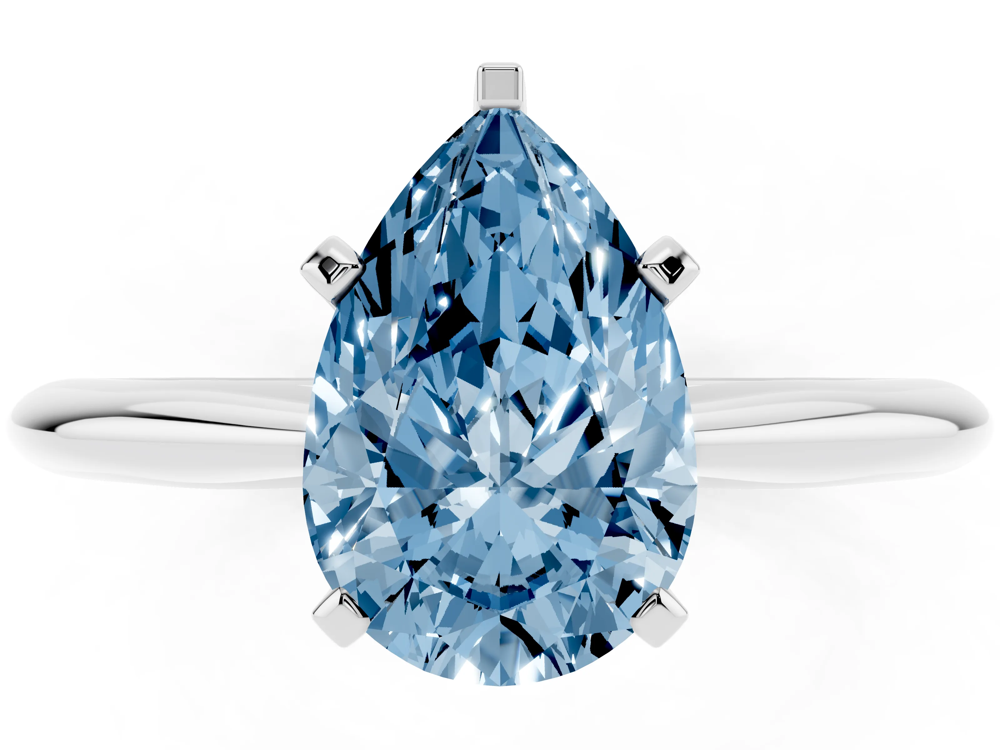 Fancy Blue Pear Cut Diamond Solitaire Ring Set in Platinum with Prong Setting on a Plain Round Band