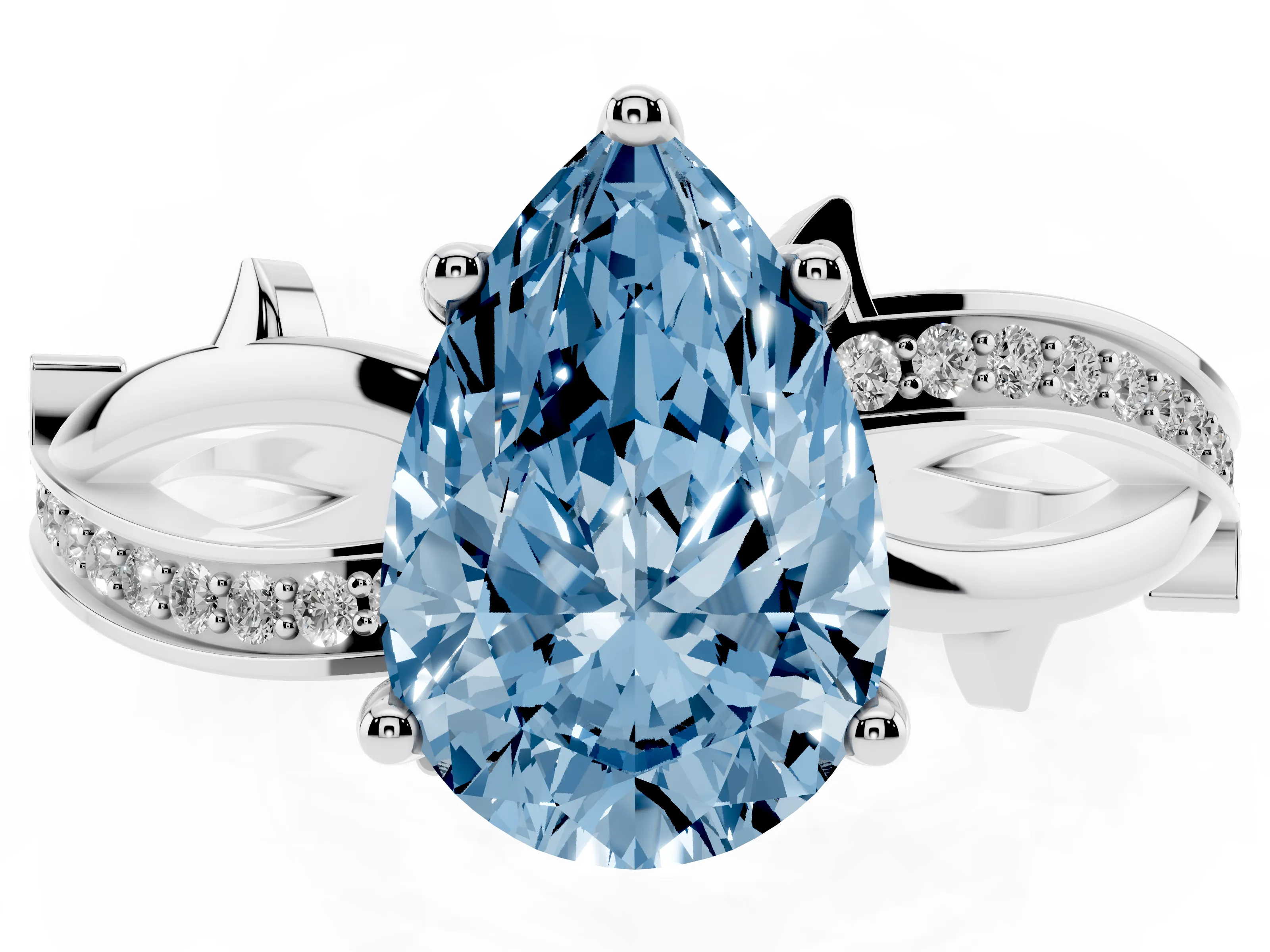 Fancy Blue Pear Cut Diamond Pavé Twist Band Solitaire Ring Set in Platinum with Prong Setting