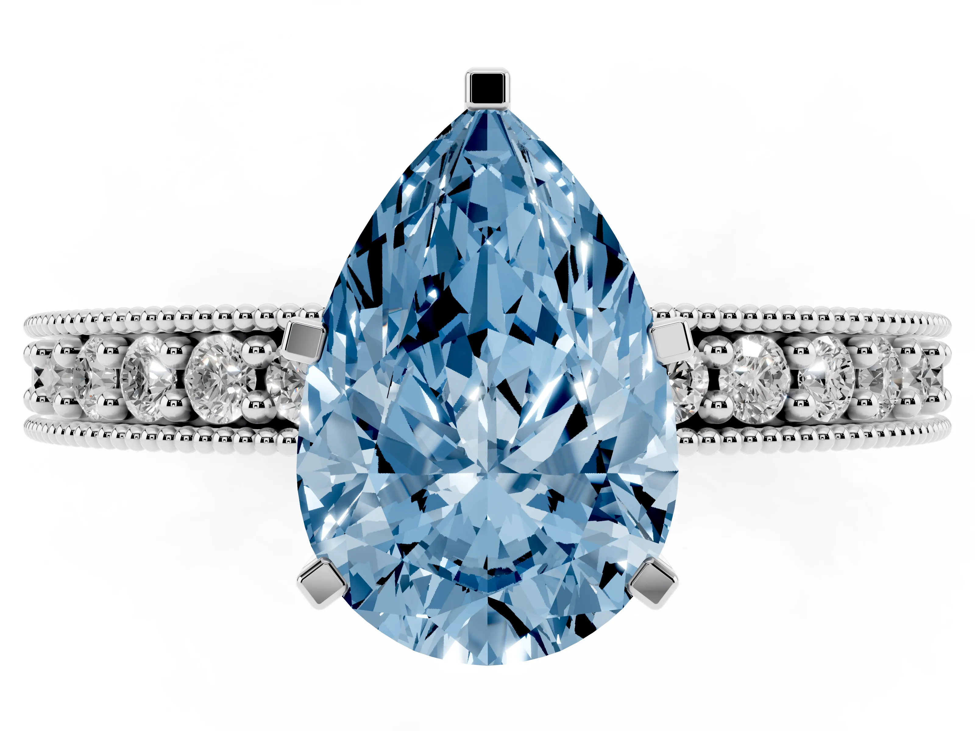 Fancy Blue Pear Cut Diamond Milgrain Pavé Engagement Ring Set in White gold with Prong Setting